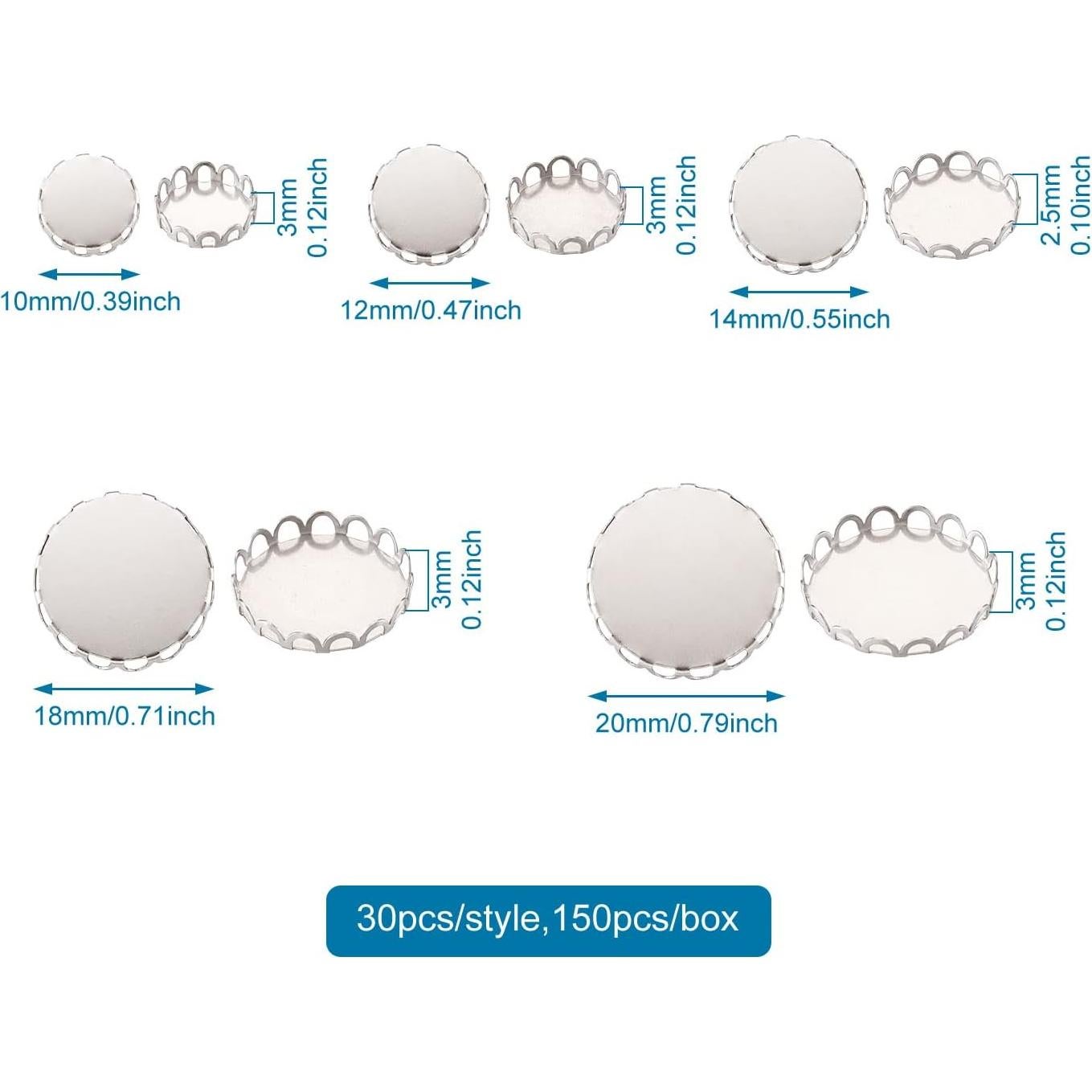150 Tazas de Bezel Redondas Acero Inoxidable Craftdady 10-20mm