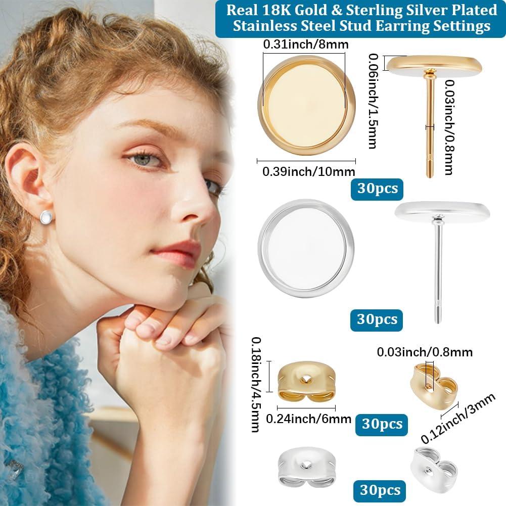 Beebeecraft 60 Piezas Configuraciones Aretes 8mm Oro 18K Plata 925