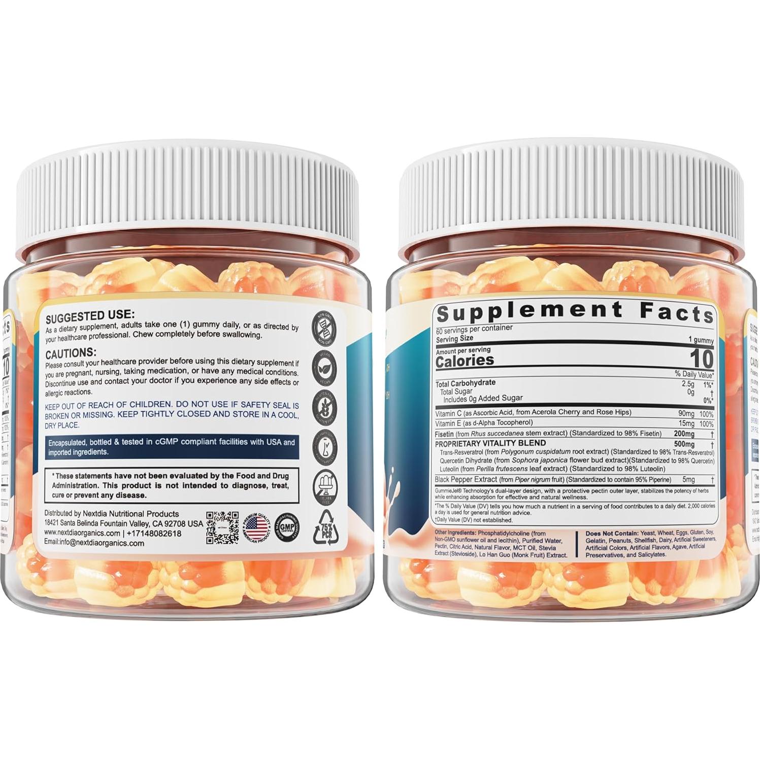 Gomitas Líquidas Liposomal Fisetina 200mg y Resveratrol 500mg - 60 Unidades