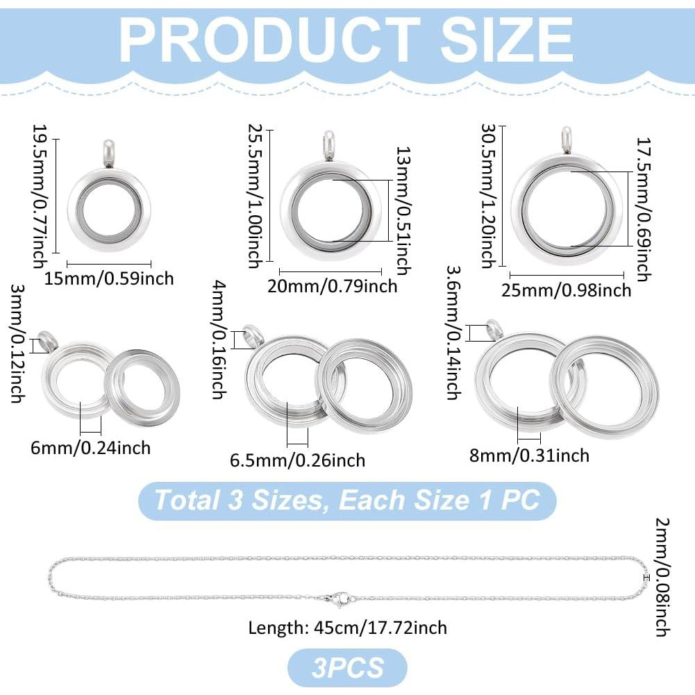 Colgantes de Locket Flotante UNICRAFTALE 3pcs Acero Inoxidable