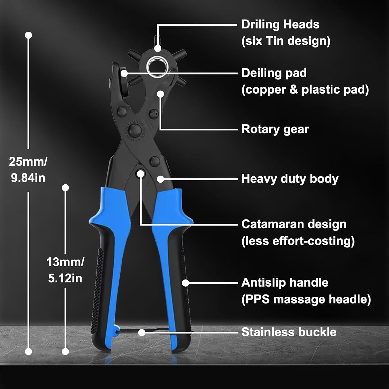 Perforador de Agujeros de Cuero Diyife - 6 Tamaños, Azul