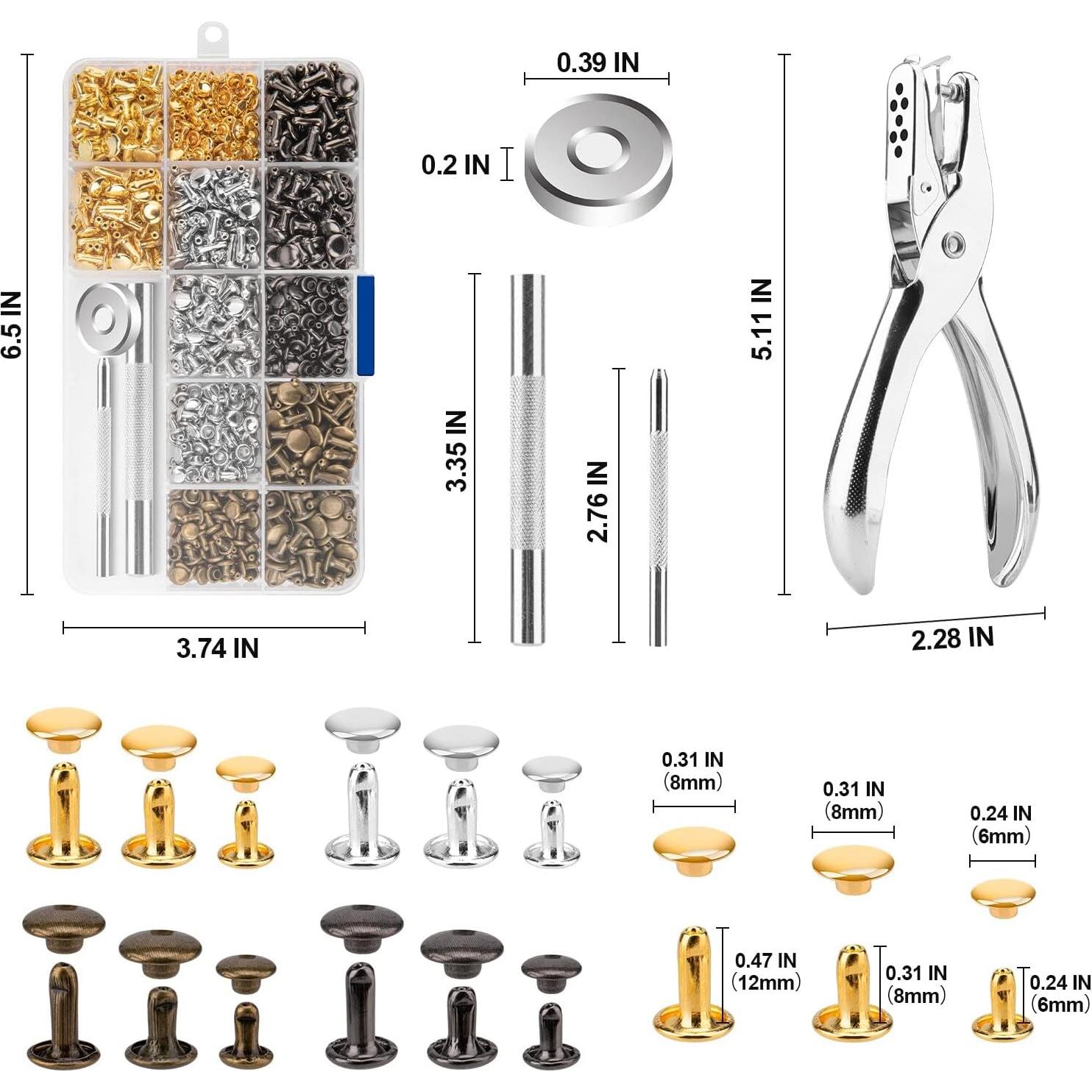 Kit de Remaches de Cuero Siziviki - 480 Piezas, 4 Colores, 3 Tamaños