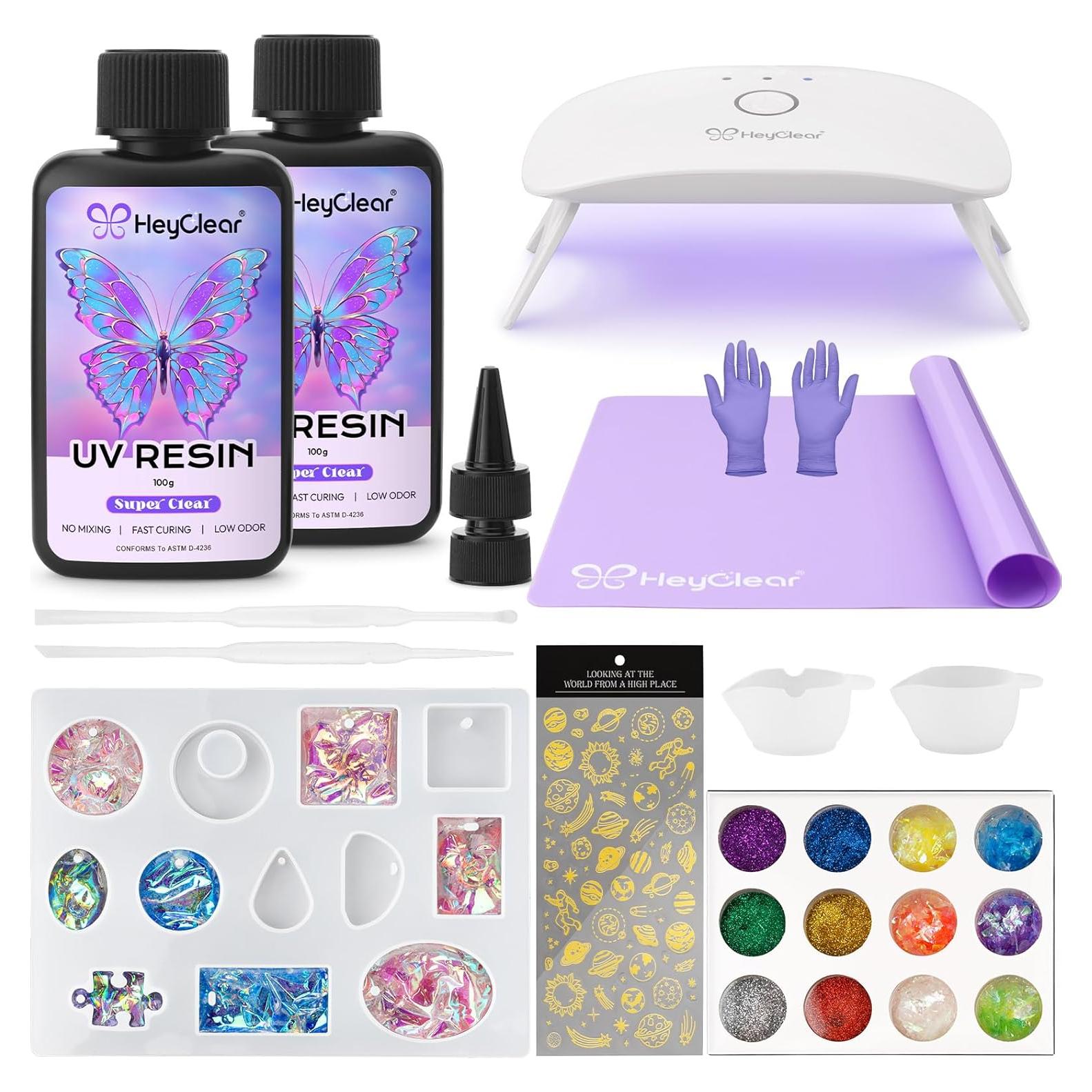 Kit de Resina UV HeyClear 200g con Luz UV y Moldes DIY