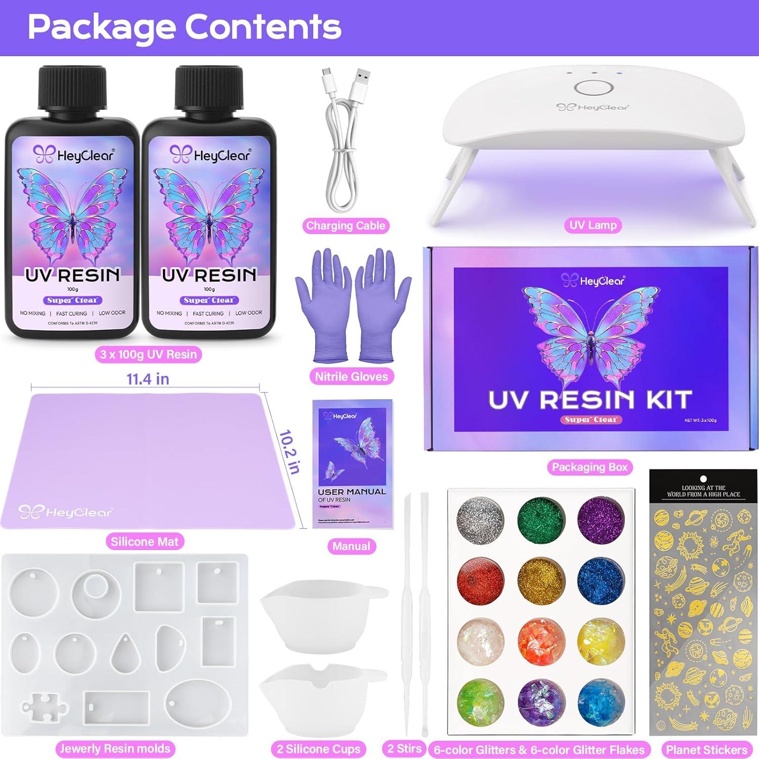 Kit de Resina UV HeyClear 200g con Luz UV y Moldes DIY