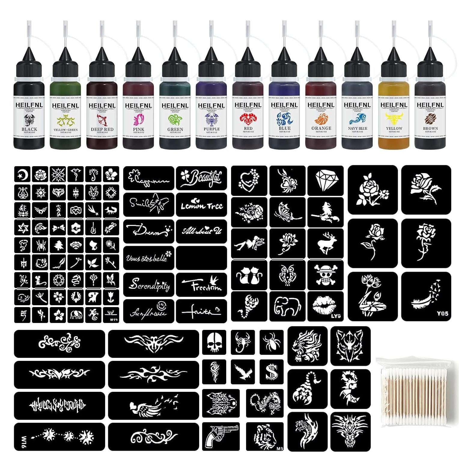 Kit de Tatuajes Temporales HEILFNL 12 Colores 111 Plantillas