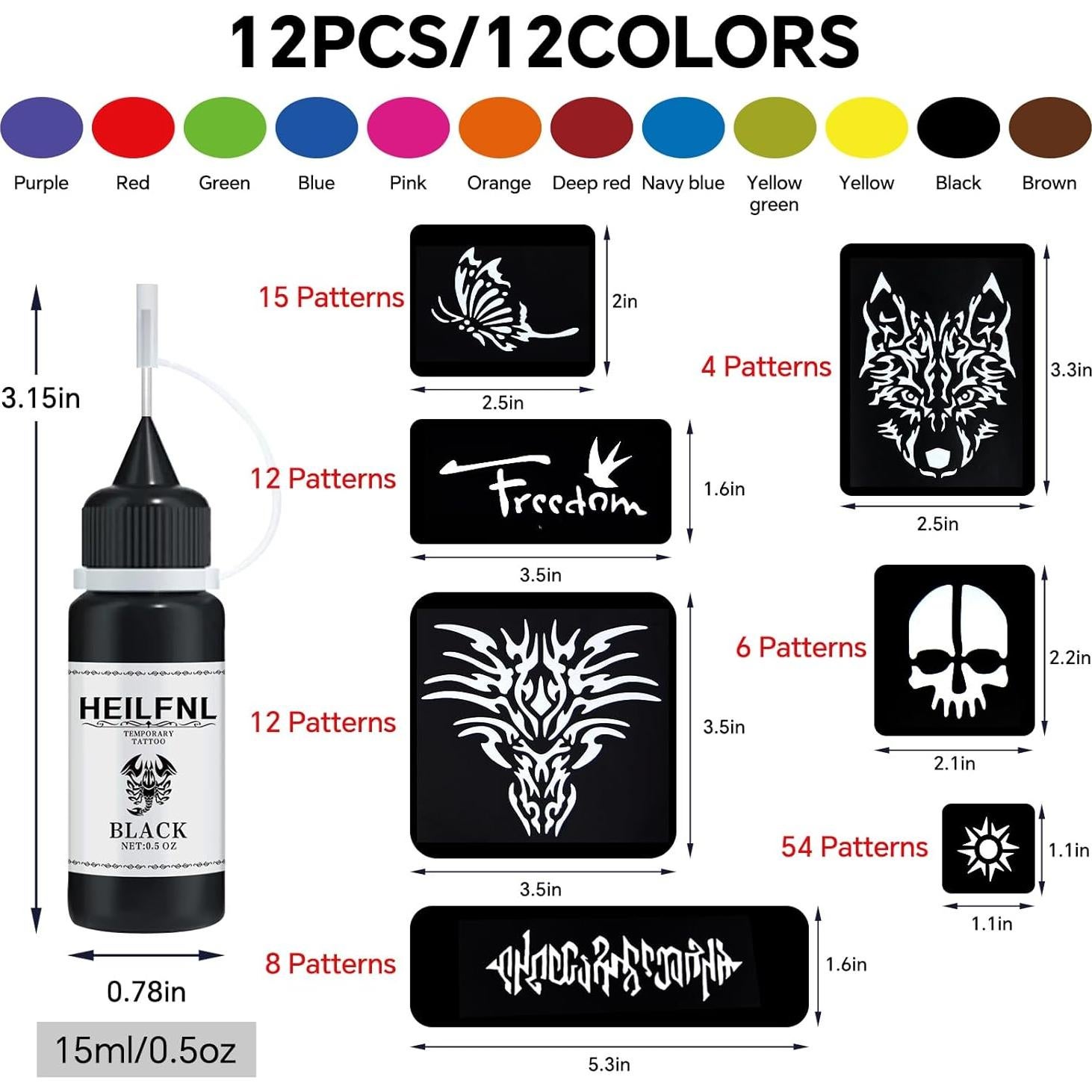 Kit de Tatuajes Temporales HEILFNL 12 Colores 111 Plantillas