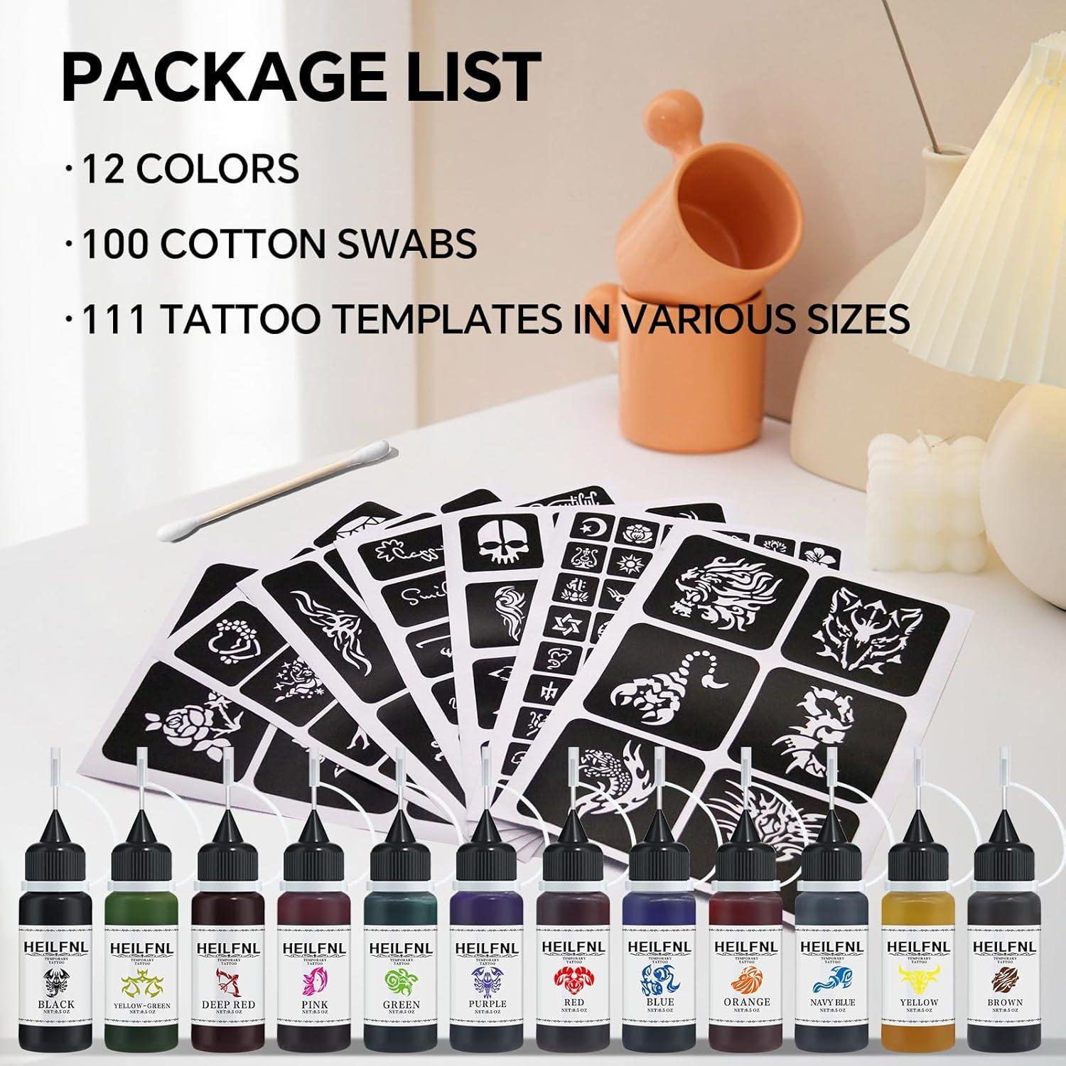 Kit de Tatuajes Temporales HEILFNL 12 Colores 111 Plantillas