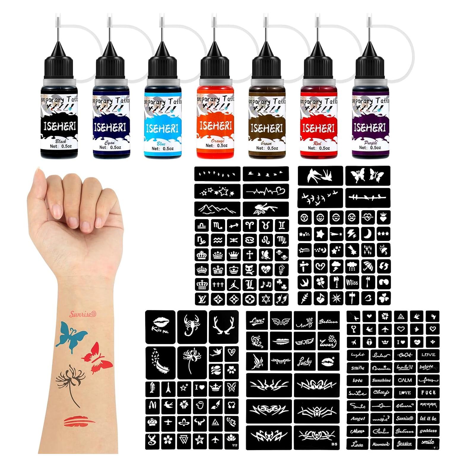 Kit de Tatuajes Temporales ISEHERI 7 Tintas y 183 Plantillas