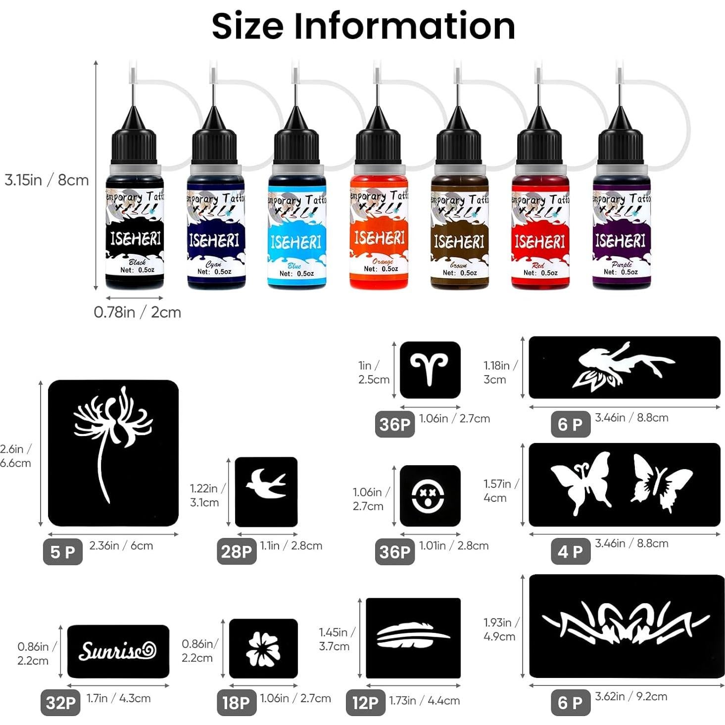 Kit de Tatuajes Temporales ISEHERI 7 Tintas y 183 Plantillas