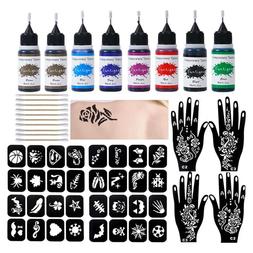Kit de Tatuajes Temporales Funtigee - 8 Tintas y 4 Plantillas