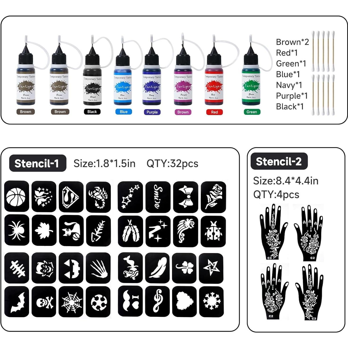 Kit de Tatuajes Temporales Funtigee - 8 Tintas y 4 Plantillas