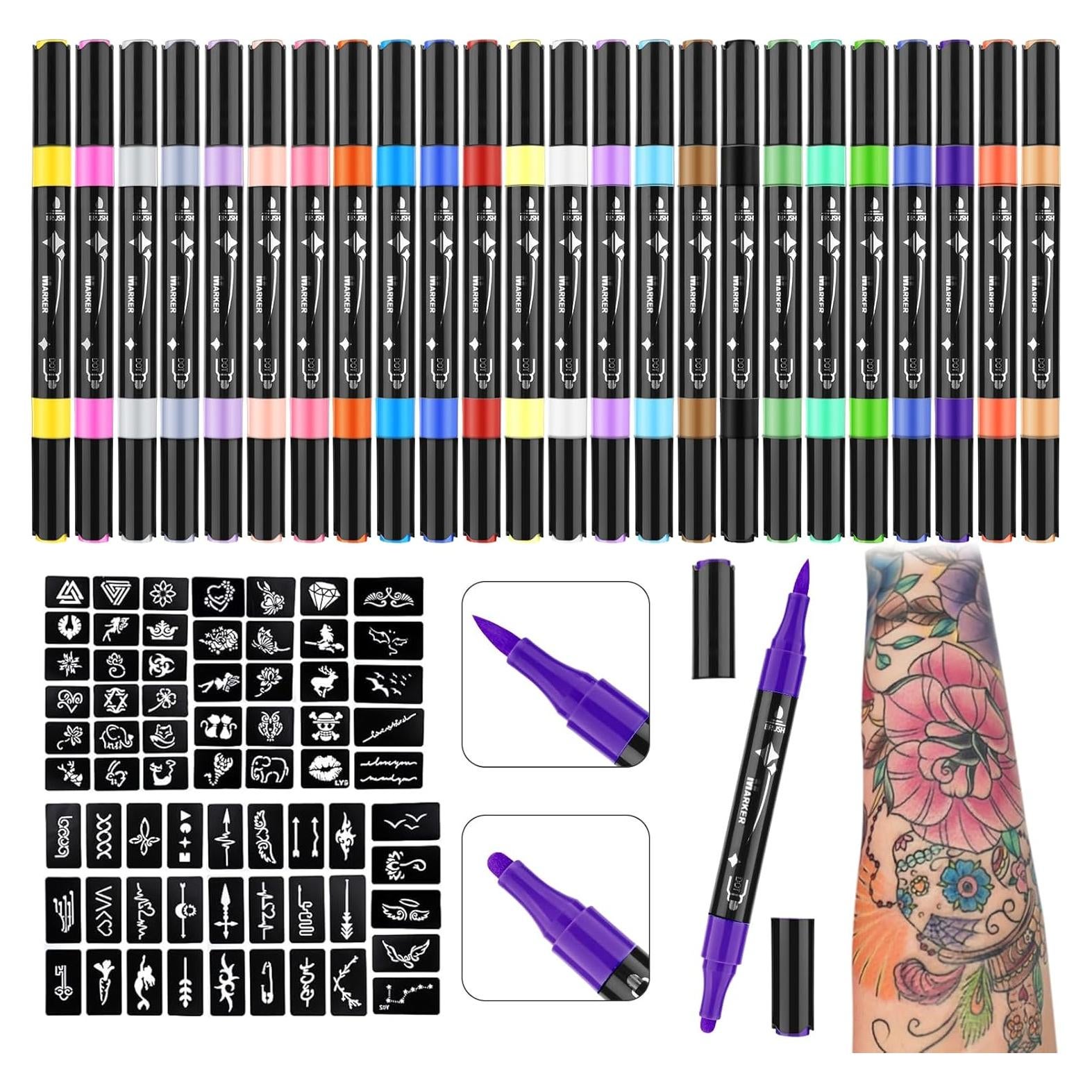 Marcadores de Tatuajes Temporales Ponhey - 24 Colores + 67 Plantillas