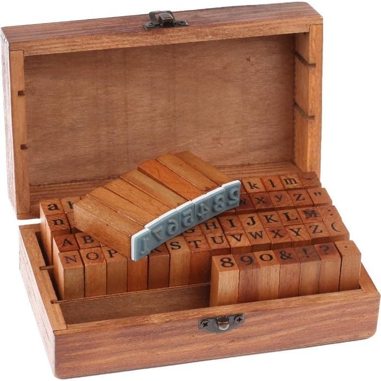 Set de 70 Sellos de Goma de Madera Letras y Números DIY