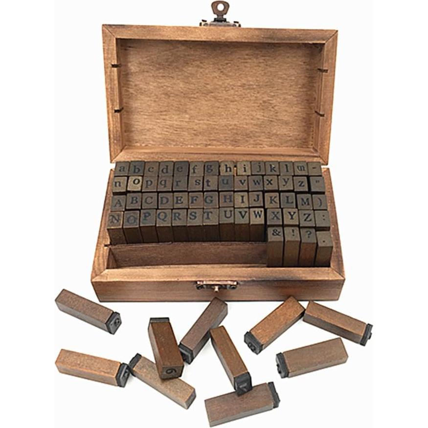 Juego de Sellos de Alfabeto Madera Vintage Alimitopia 70 Piezas