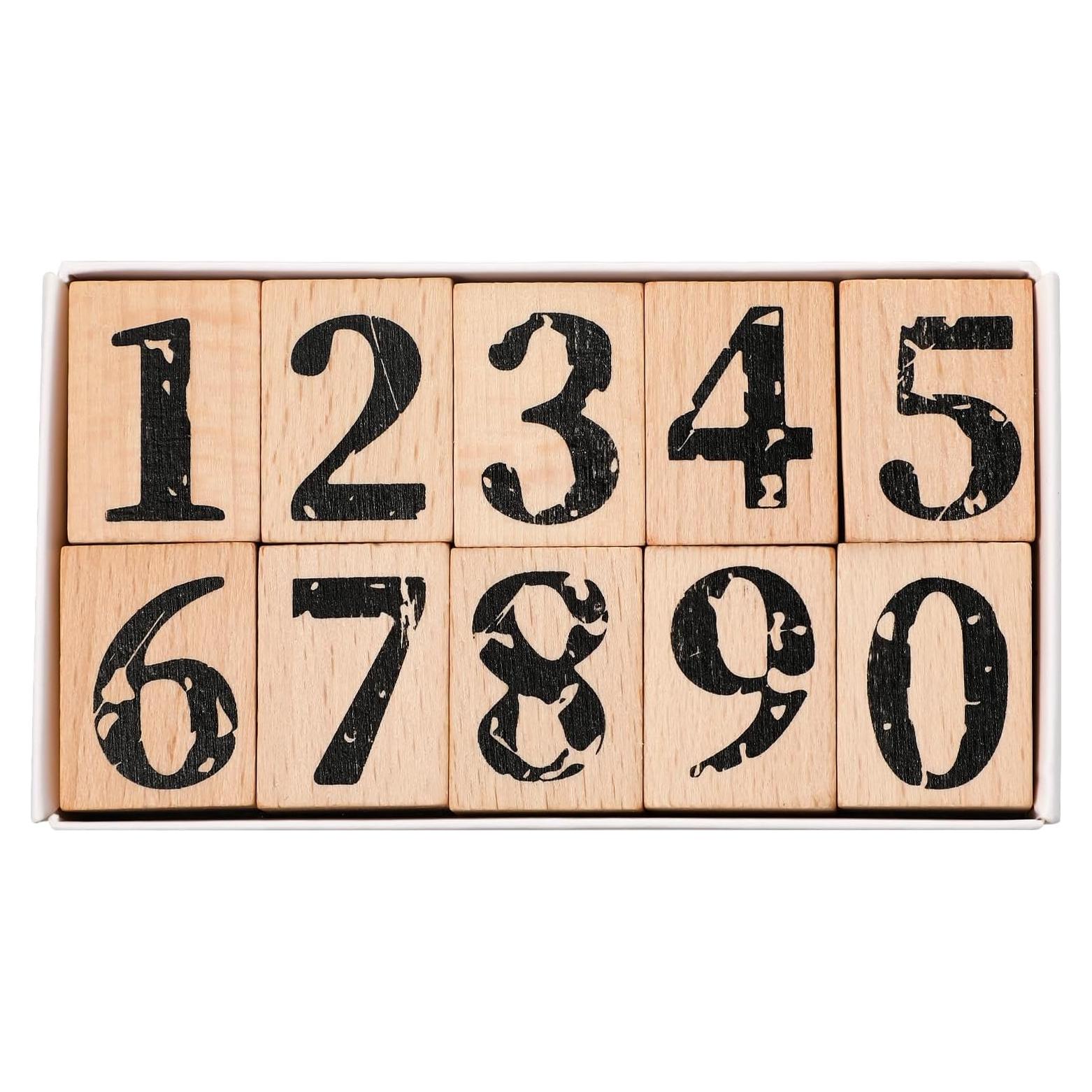 Juego de Sellos de Números 0-9 de Madera y Goma - 10 Piezas