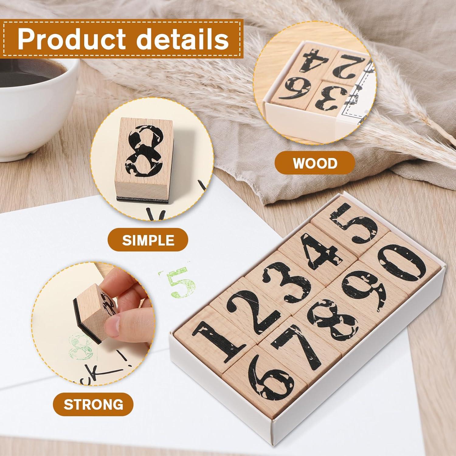 Juego de Sellos de Números 0-9 de Madera y Goma - 10 Piezas