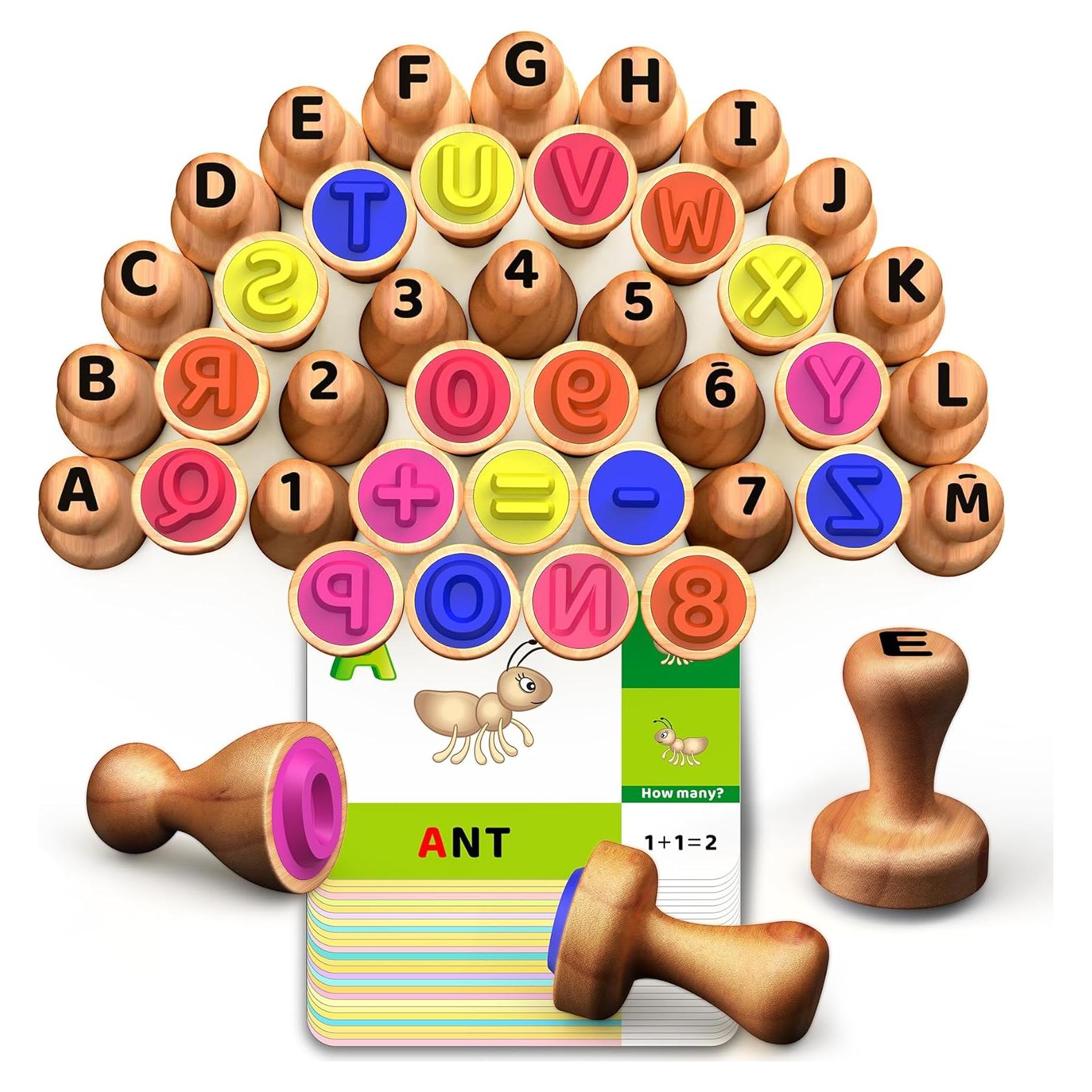 Sellos de Alfabeto y Números de Madera UdoUto para Niños