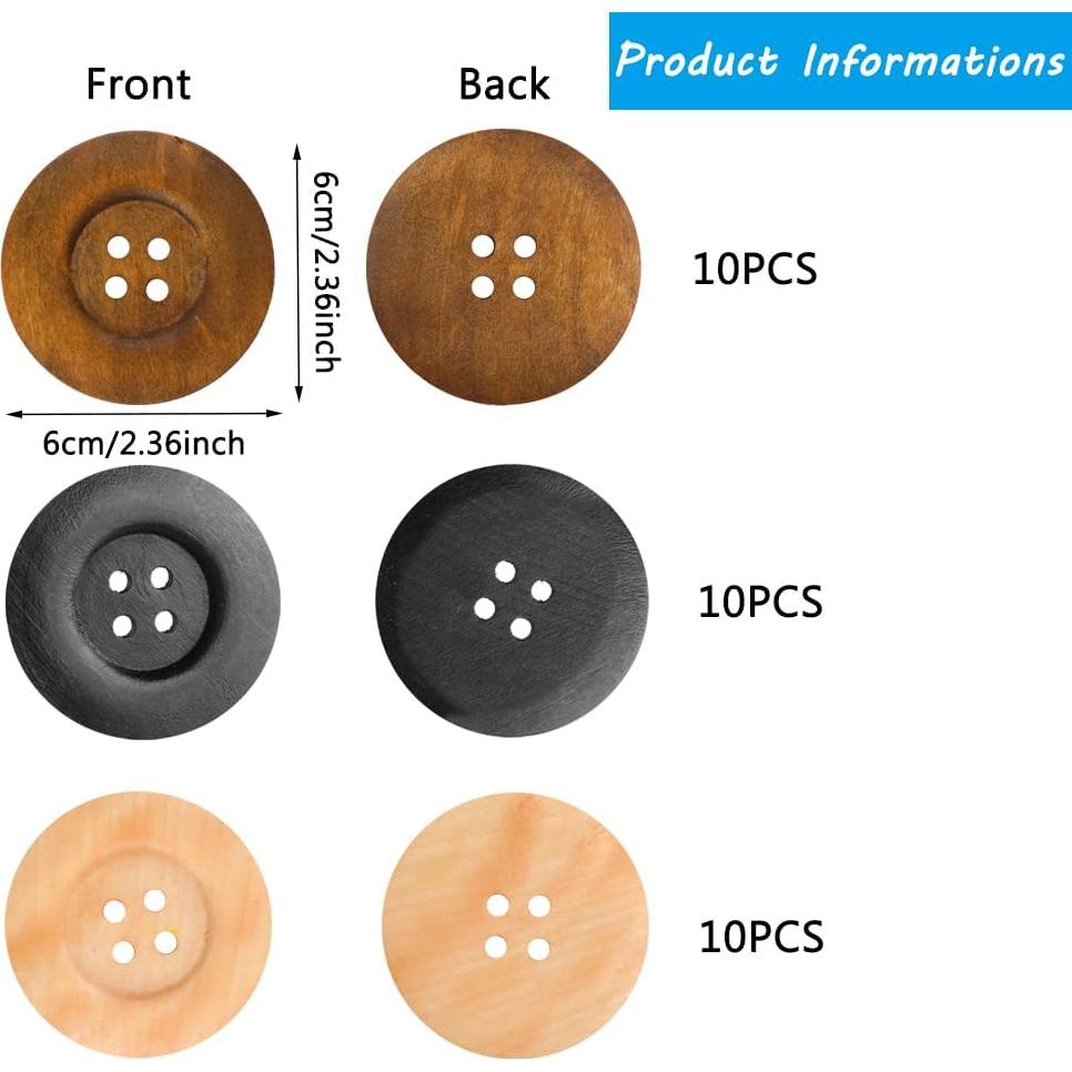 30 Botones de Madera Grandes 6 cm Plzoslly para Manualidades