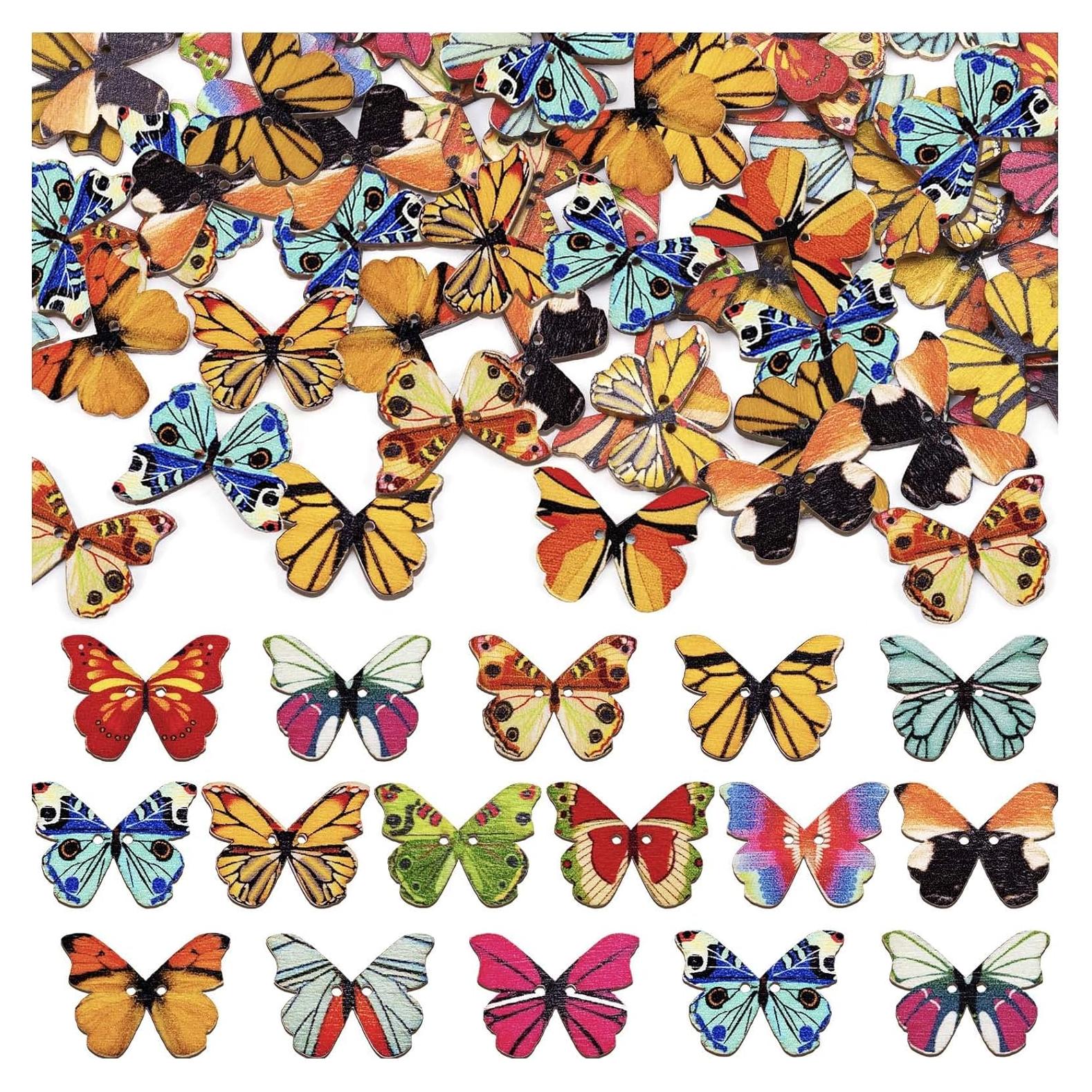 200 Botones de Madera Mariposa HLARTNET 28x20mm Multicolor