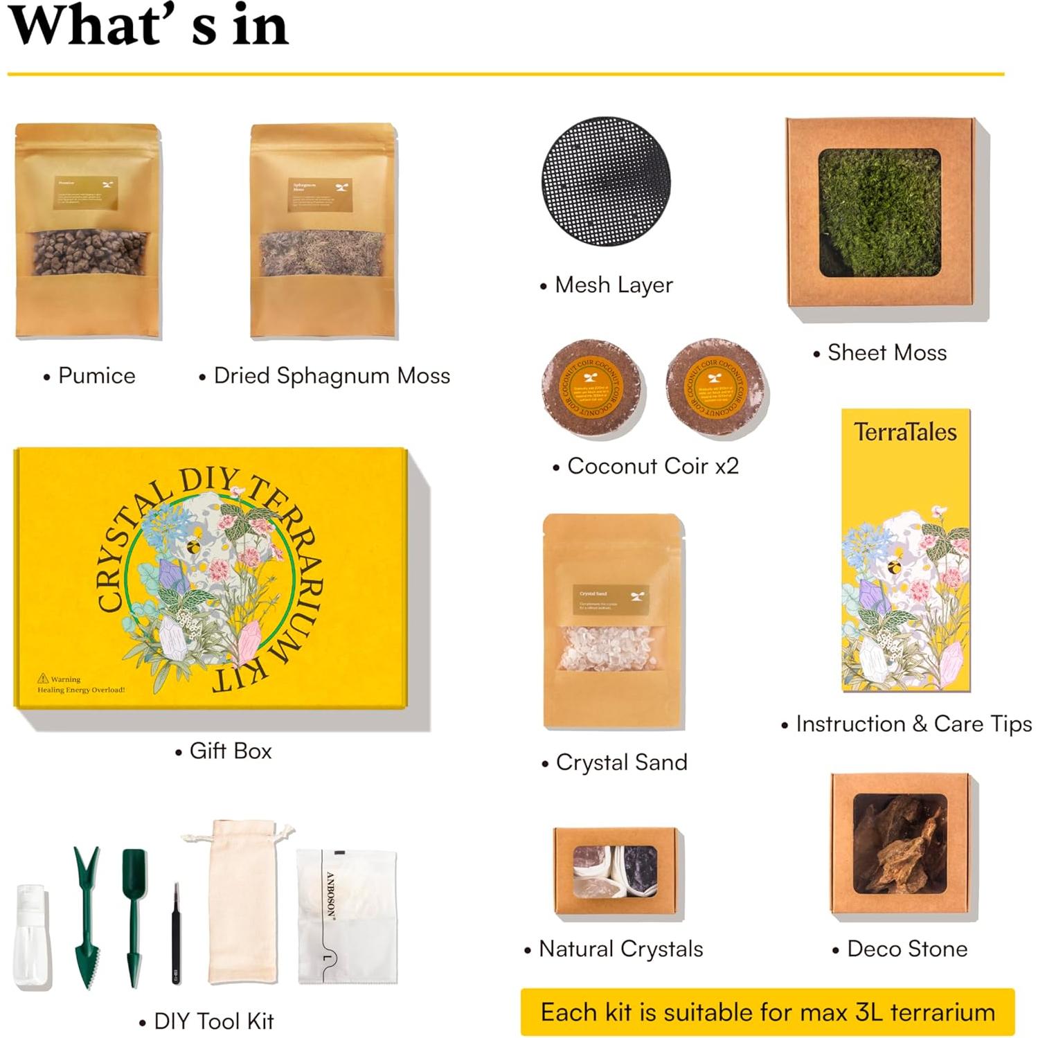 Kit de Terrario de Cristal DIY Terra Tales - Todo en Uno con Musgo y Cristales