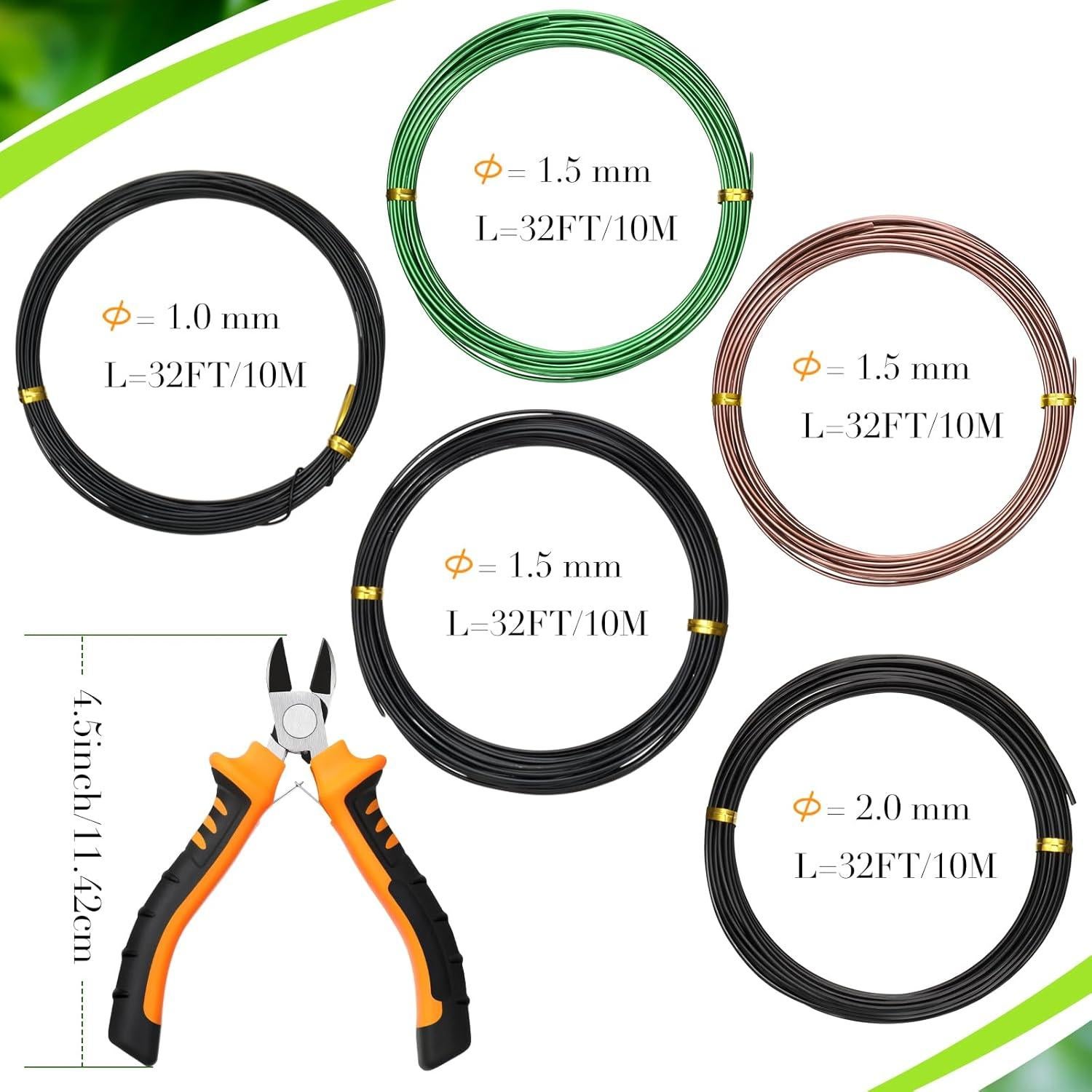 Juego de Alambre de Bonsai Mudder 5 Rollos 160 Pies 1/1.5/2 mm