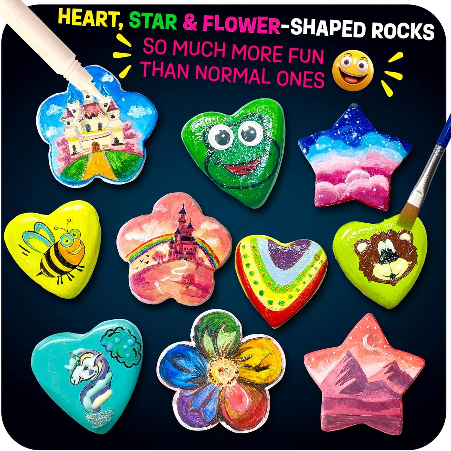 Kit de Pintura de Rocas Brillantes LA HORMIGA ERUDITA - Corazones, Flores y Estrellas