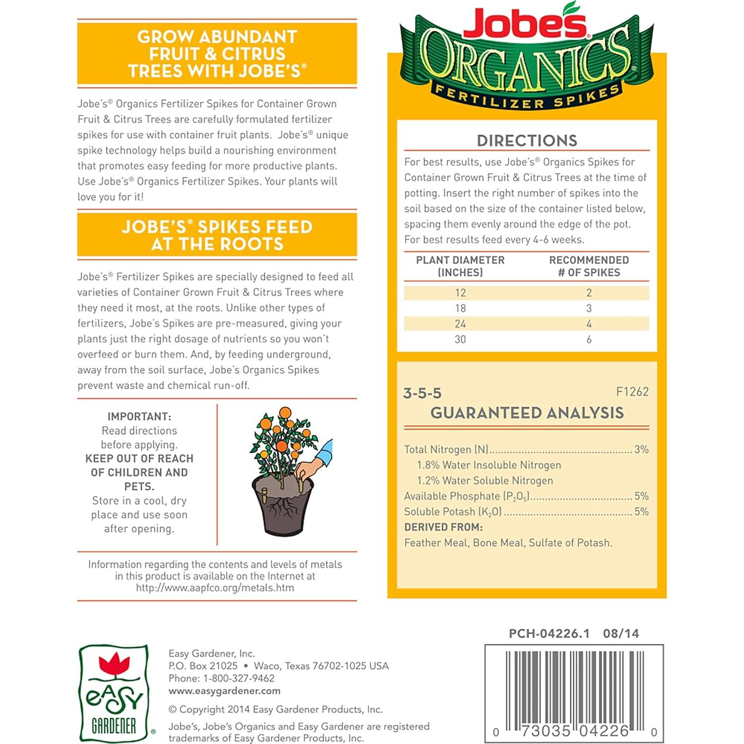 Picos de Fertilizante Orgánico Jobe's para Frutas y Cítricos - 6 Unidades