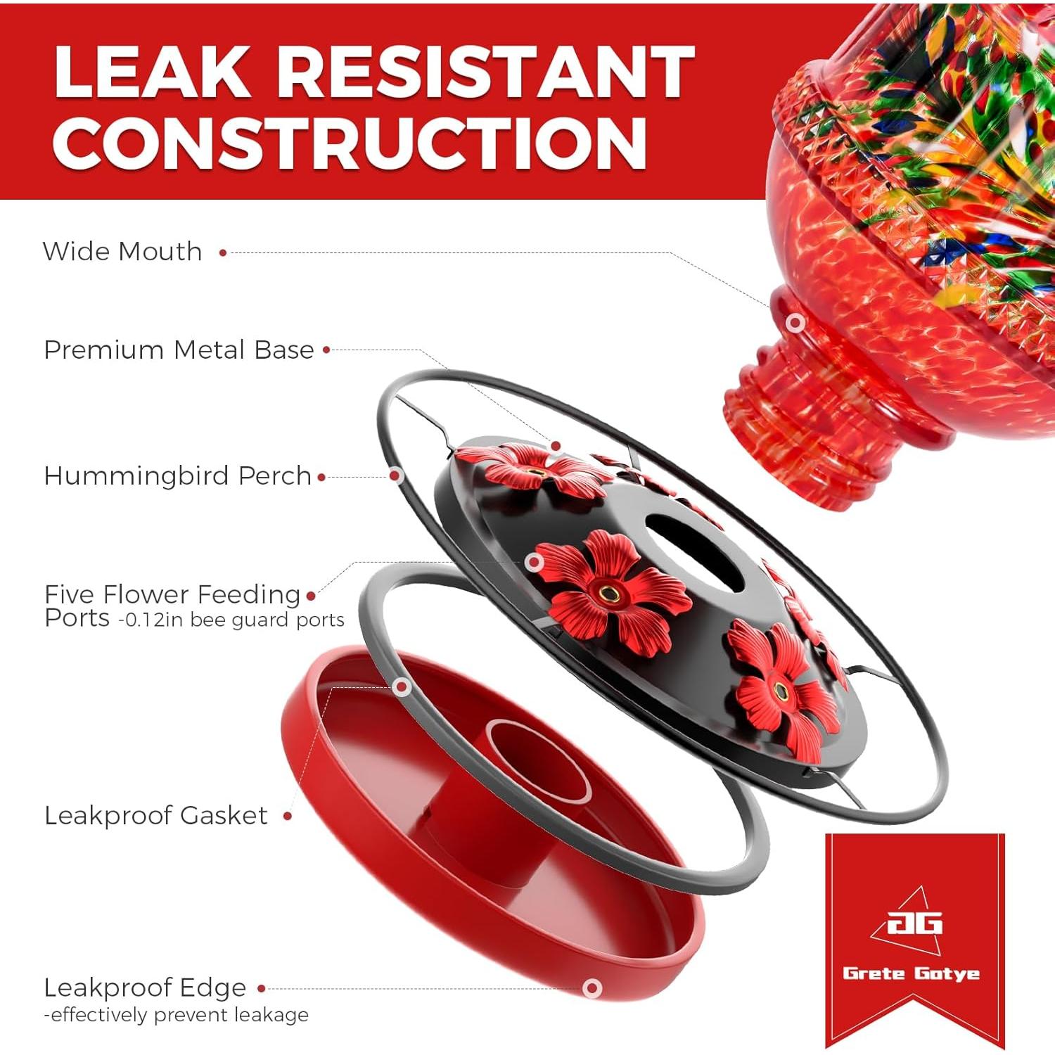 Alimentador de Colibríes de Vidrio Grete Gotye 709 ml Rojo