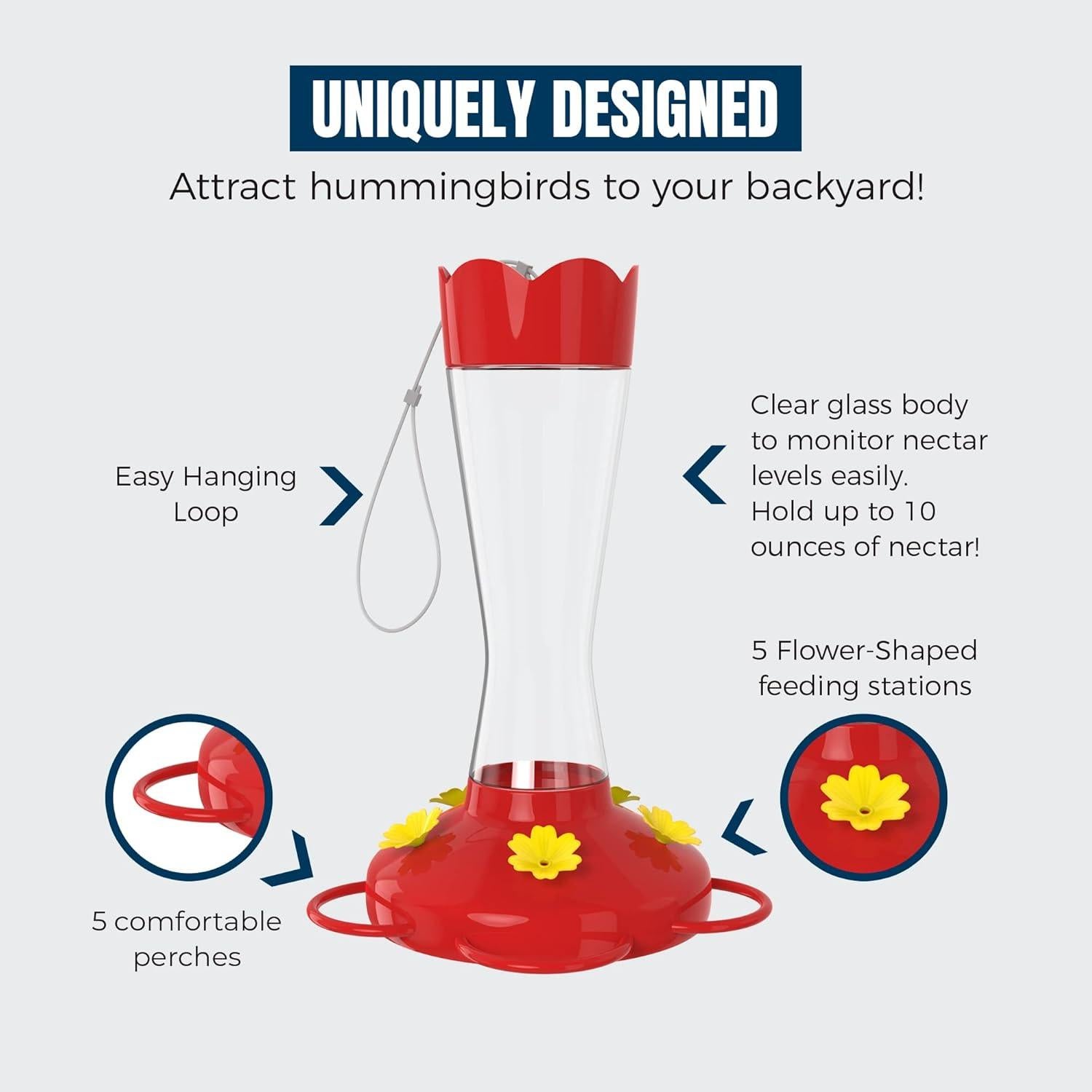 Alimentador de Colibríes MEKKAPRO 296 ml Vidrio Rojo Colgante