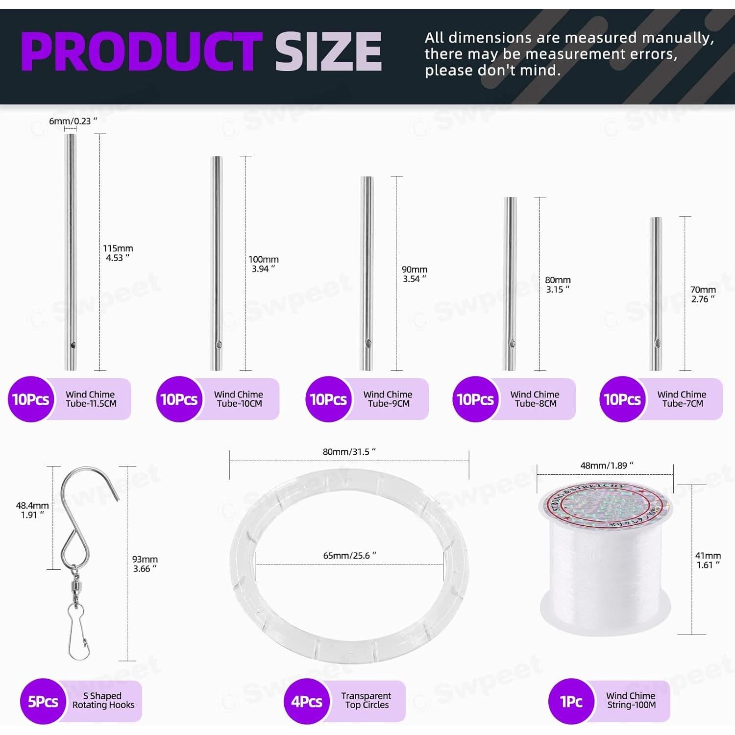 Kit de Campanas de Viento Swpeet 60 Piezas con Cable 91m