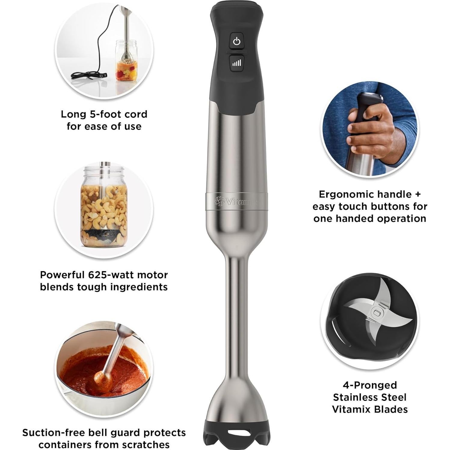 5-Speed Immersion Blender, Professional-Grade Hand Blender with 625-Watt Motor and Stainless-Steel Blade, Stainless Steel/Black