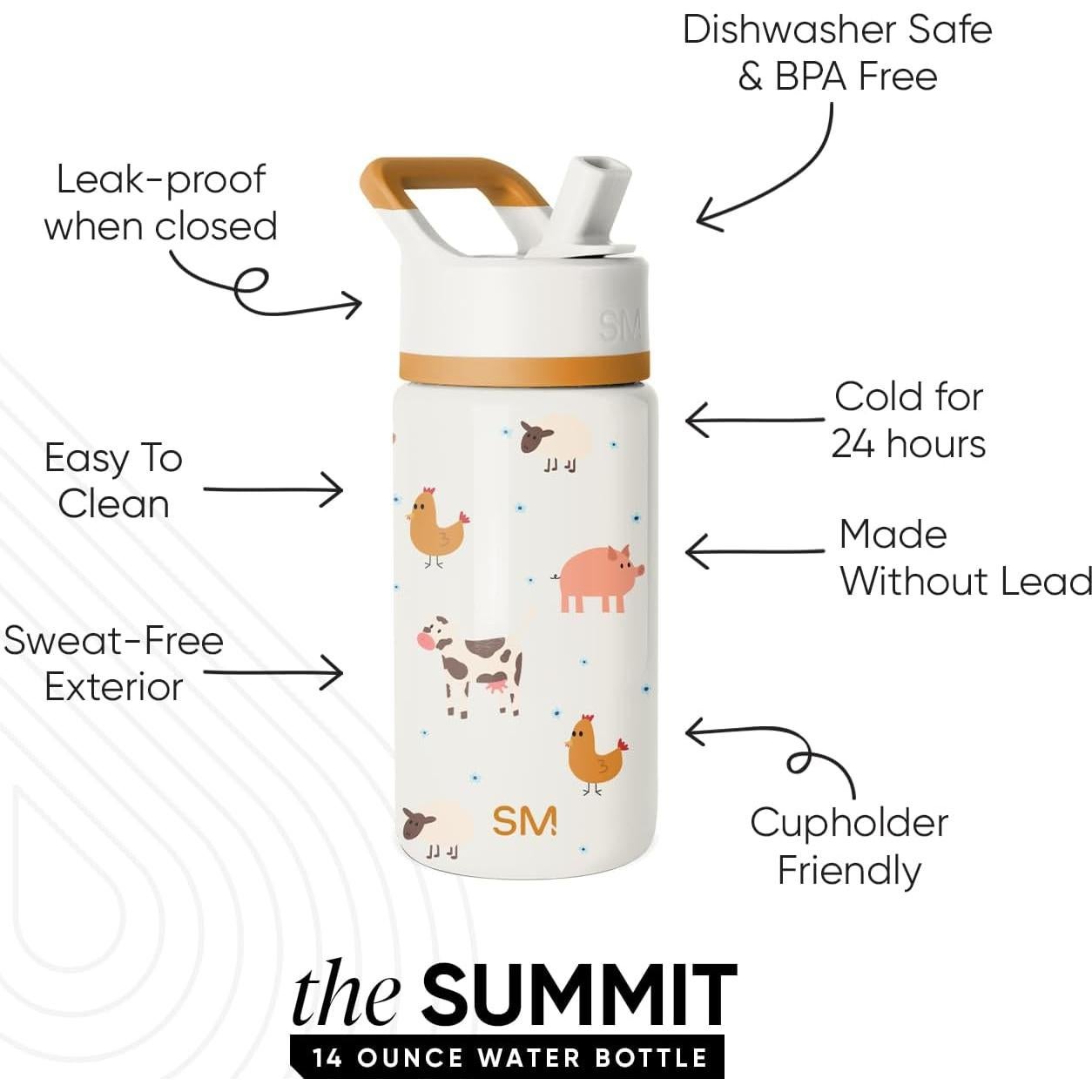 Botella de Agua Simple Modern Niños 414ml Tapa Pajita Animales