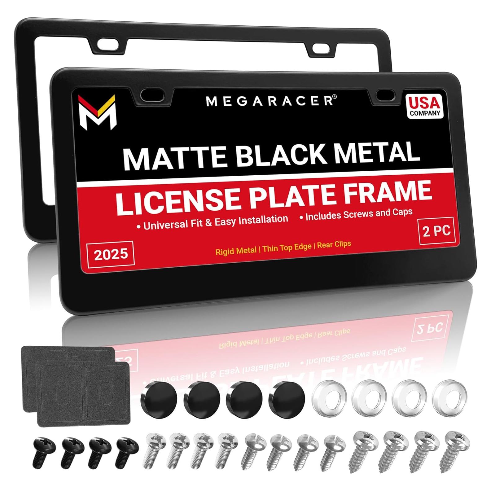 Marco de Placa de Licencia Negro Mate Mega Racer - 2 Piezas, Acero Inoxidable