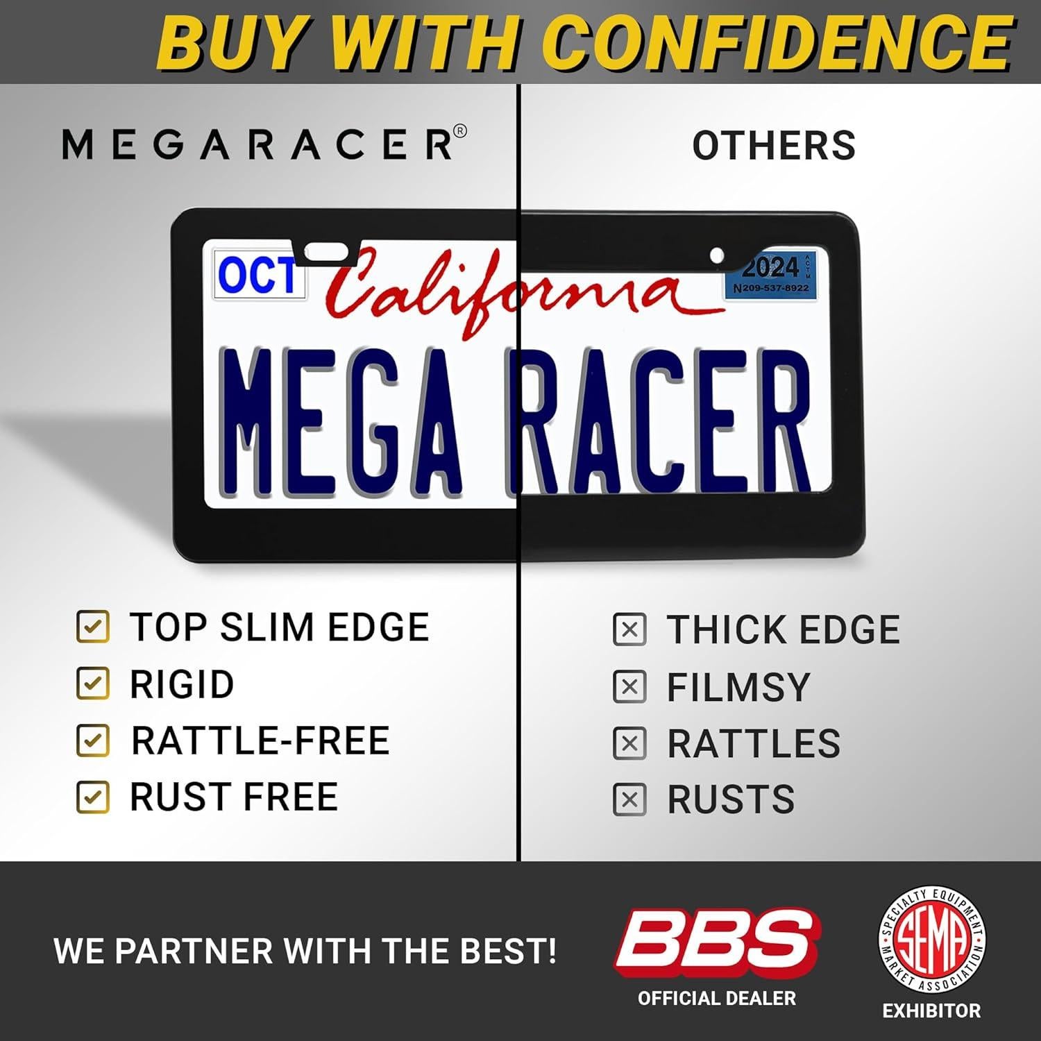 Marco de Placa de Licencia Negro Mate Mega Racer - 2 Piezas, Acero Inoxidable