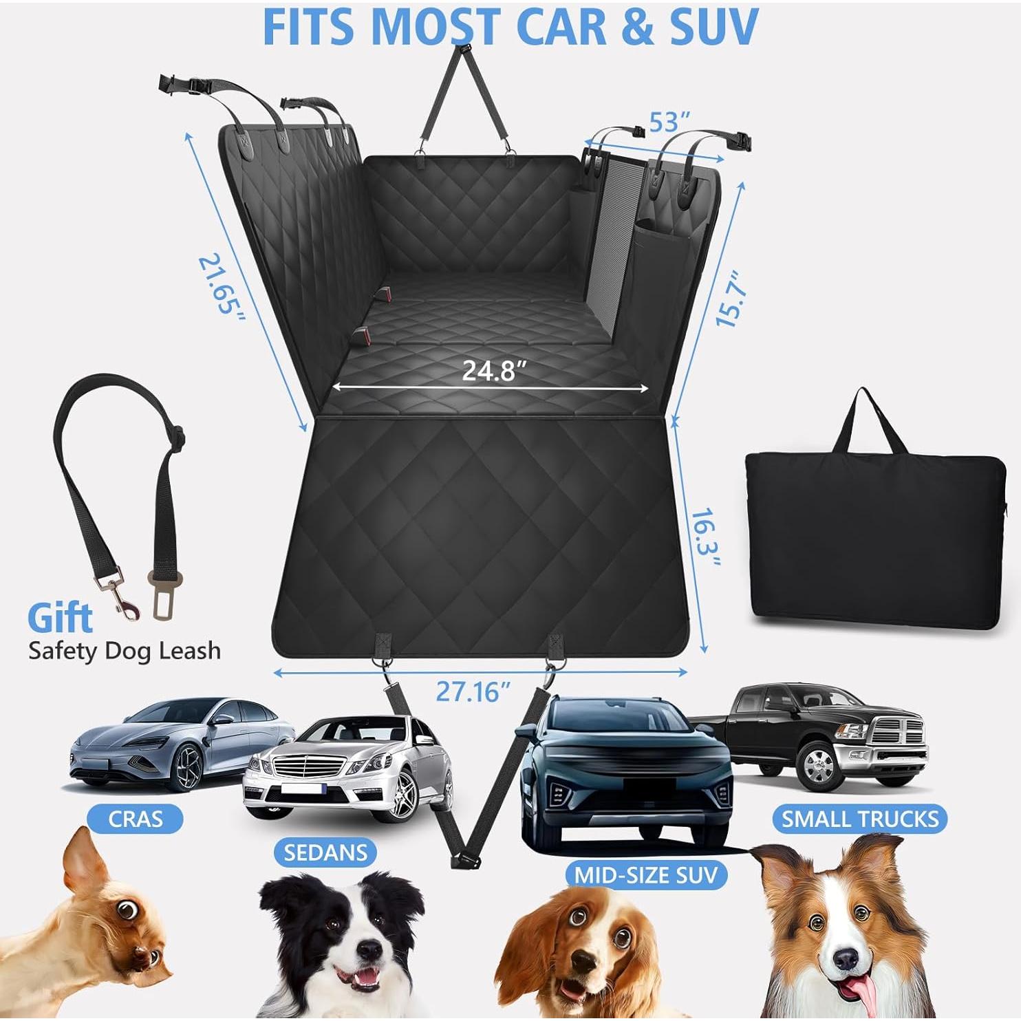 Back Seat Extender for Dogs, Dog Car Seat Cover for Back Seat Supports 420lbs, Hard Bottom Backseat Extender for Dogs, Waterproof Dog Hammock for Car, SUV, Truck Black