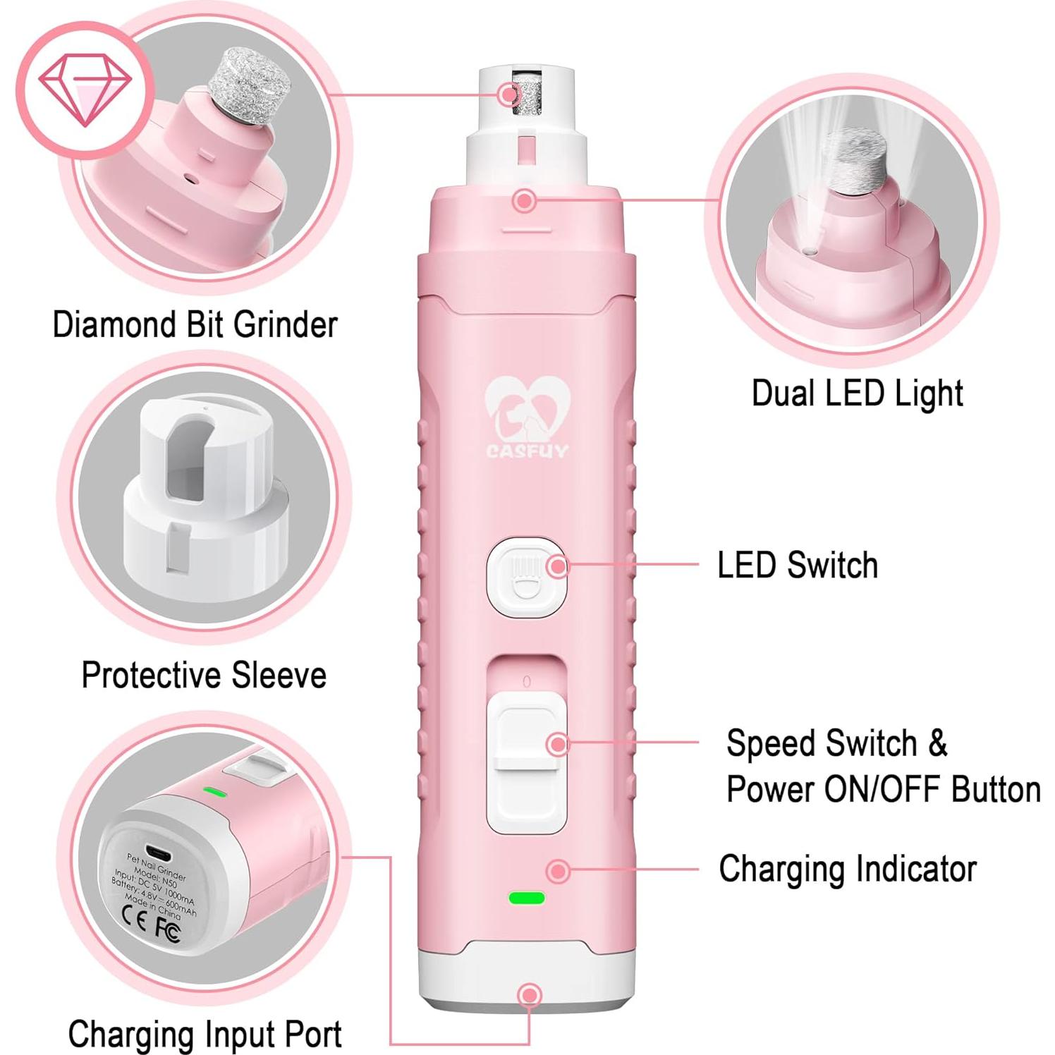 Molinillo de Uñas Eléctrico Casfuy Rosa 2 Velocidades LED