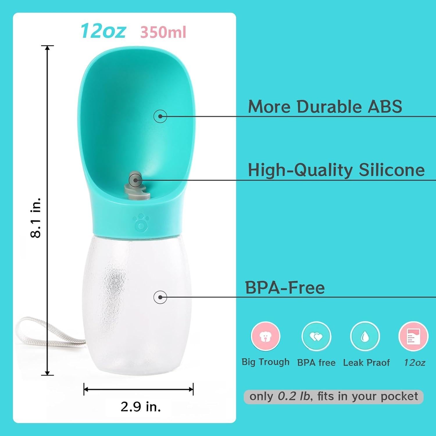 Botella de Agua para Perros Kalimdor 350ml a Prueba de Fugas