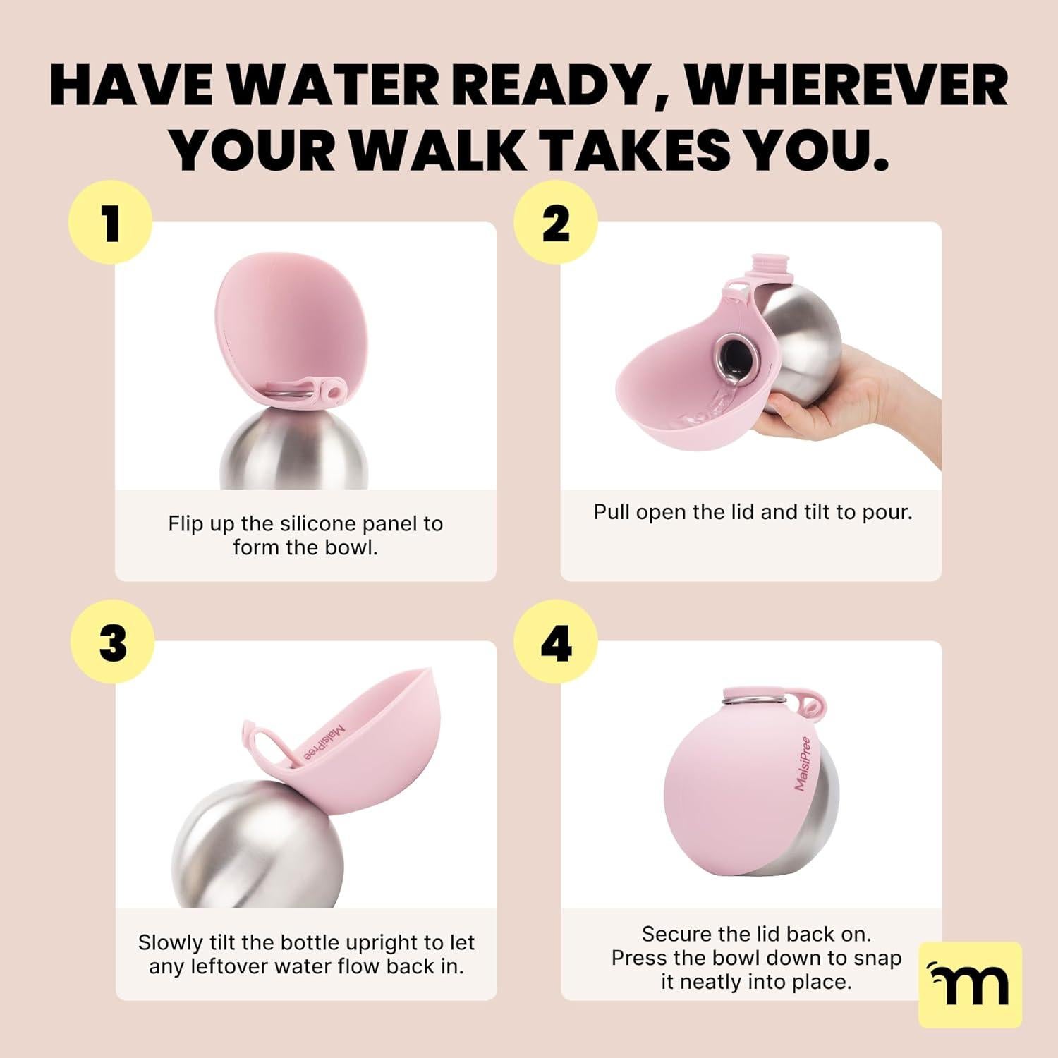 Botella de Agua Portátil Malsipree 295 ml para Perros Rosa