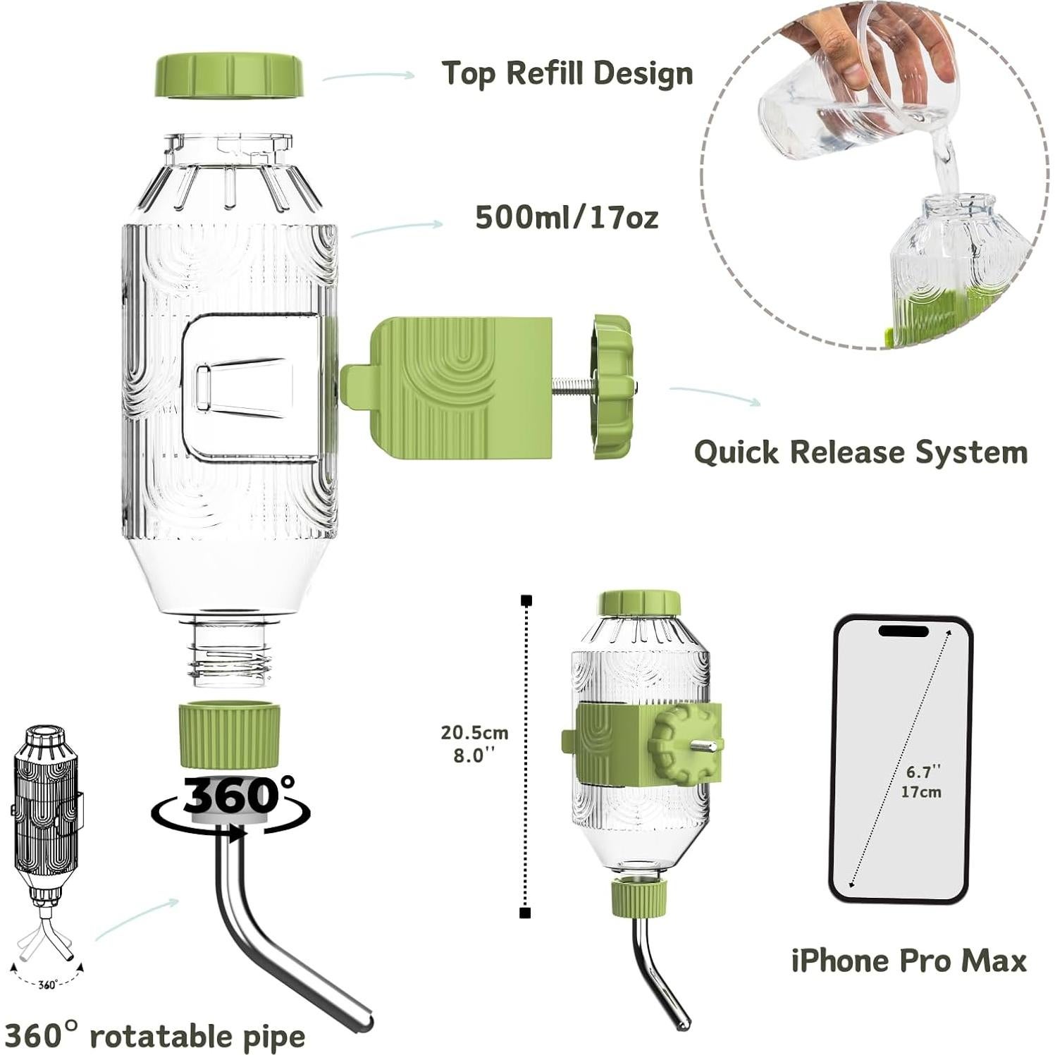 Botella de Agua para Mascotas Kassiva 500ml Verde Dispensador