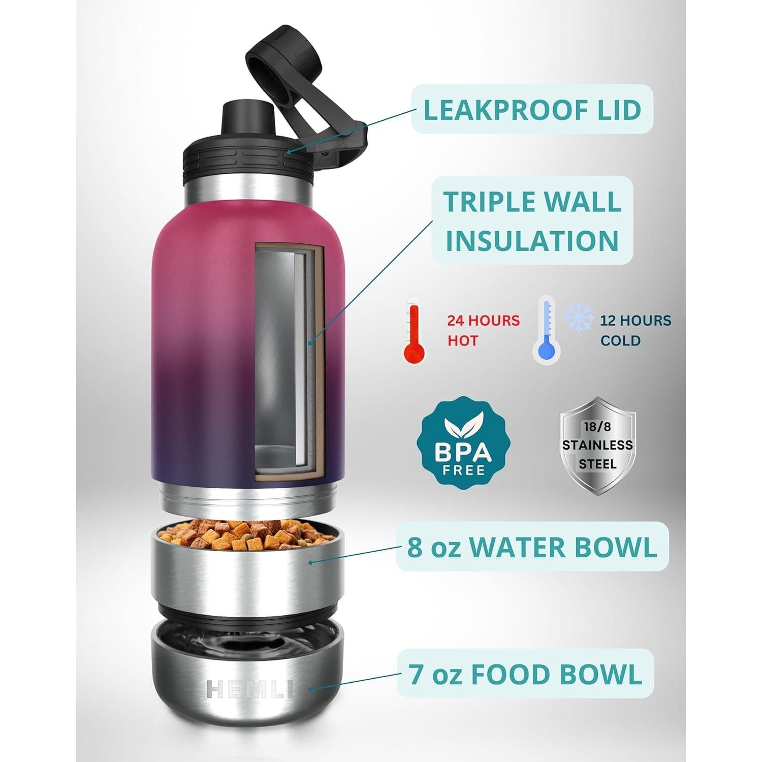 Botella de Agua para Perros HEMLI 0.95L con Tazón y Funda