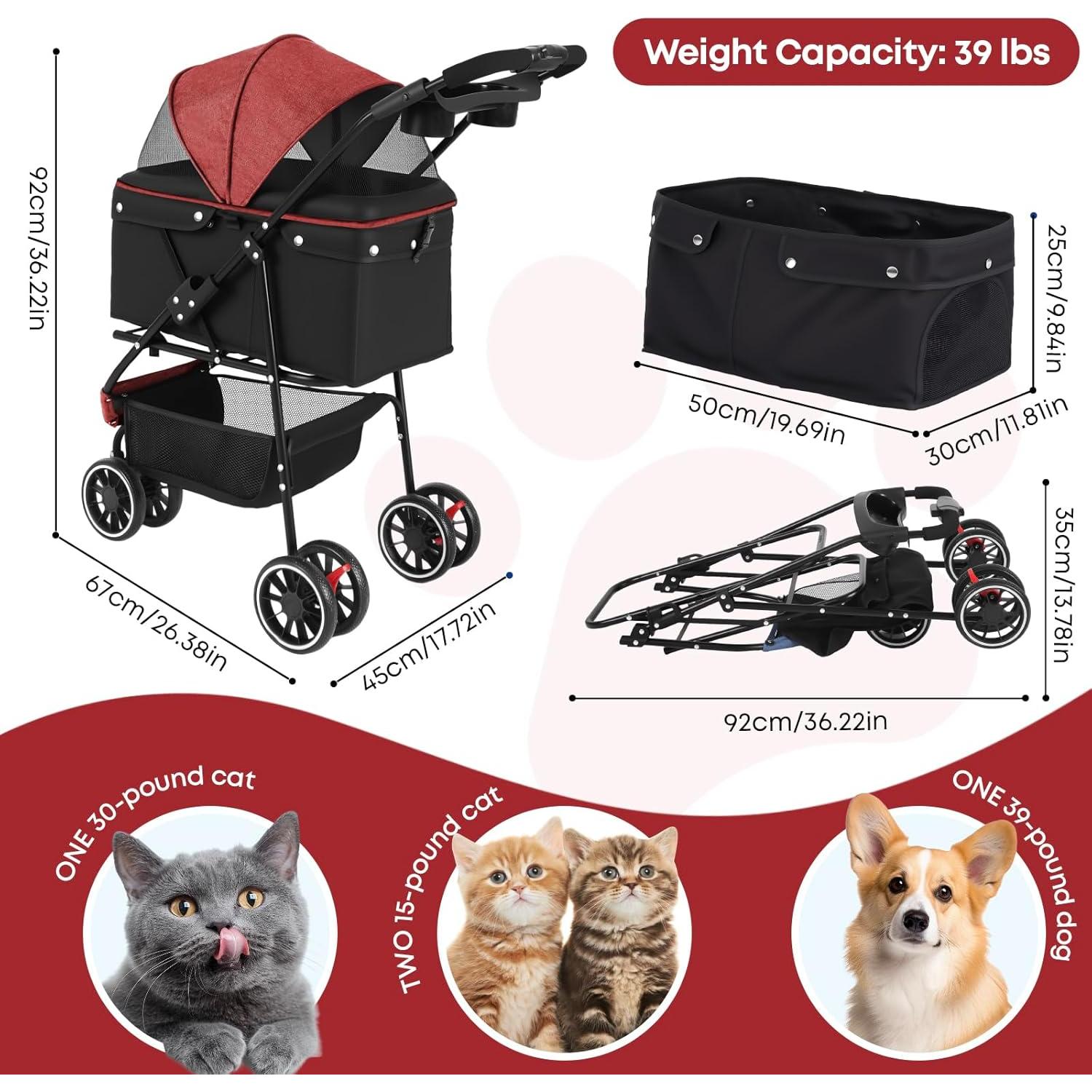 Carrito de Paseo Plegable Chihuahua 3 Ruedas Rojo/Negro