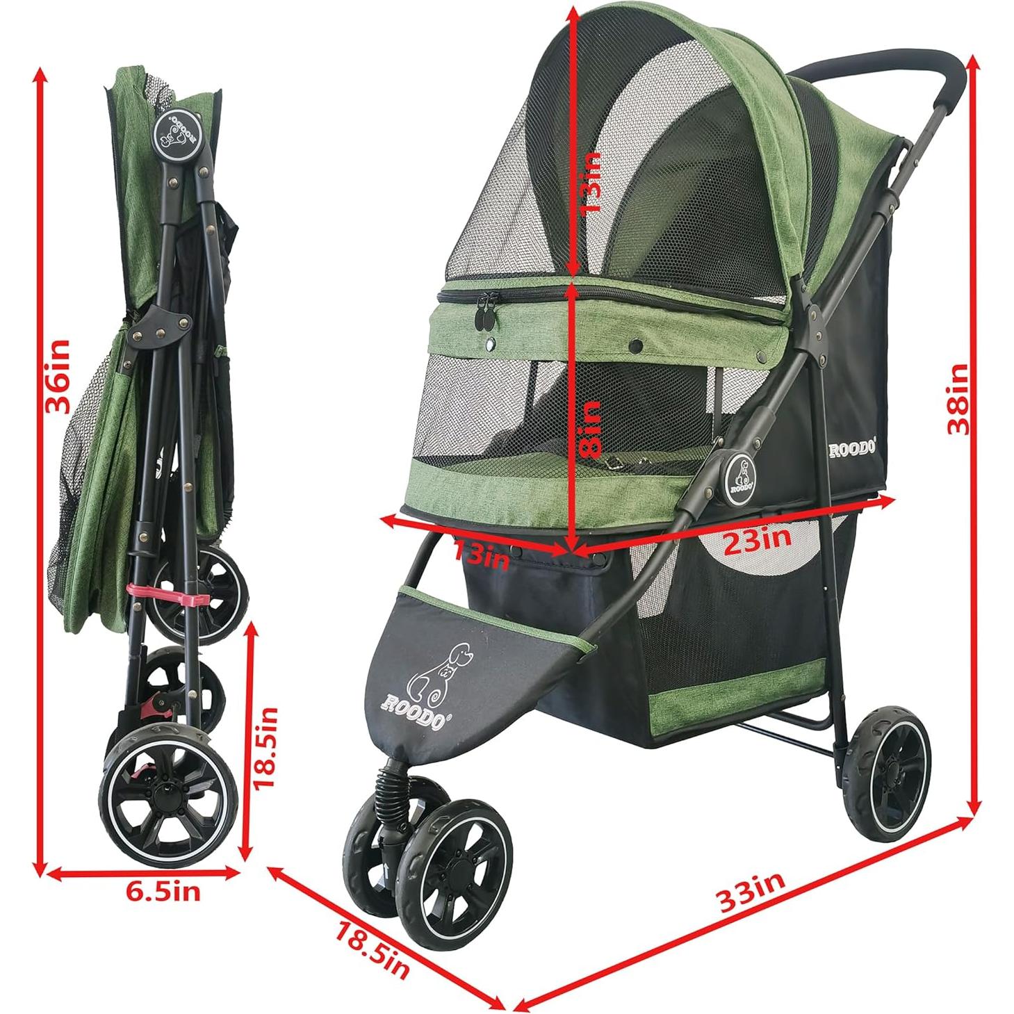 Carrito para Mascotas ROODO Plegable Verde 13.6kg 3 Ruedas