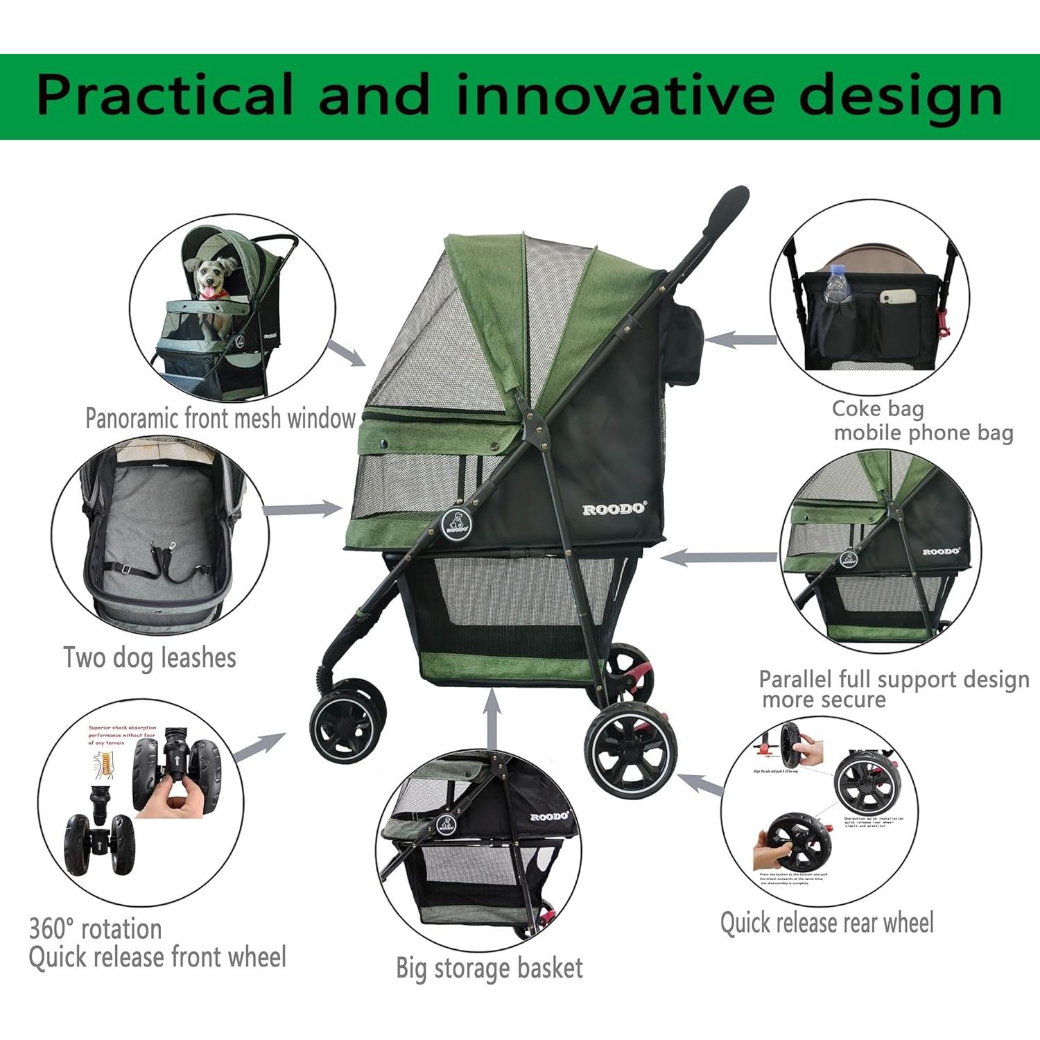 Carrito para Mascotas ROODO Plegable Verde 13.6kg 3 Ruedas