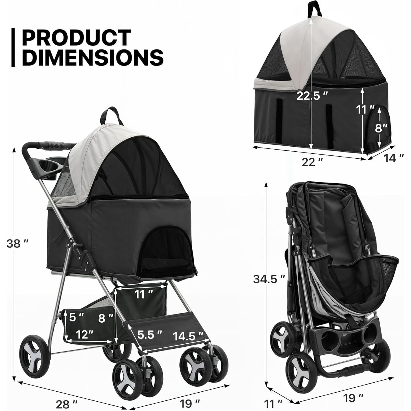 Carrito Plegable para Mascotas MoNiBloom 3 en 1 Negro 15 kg