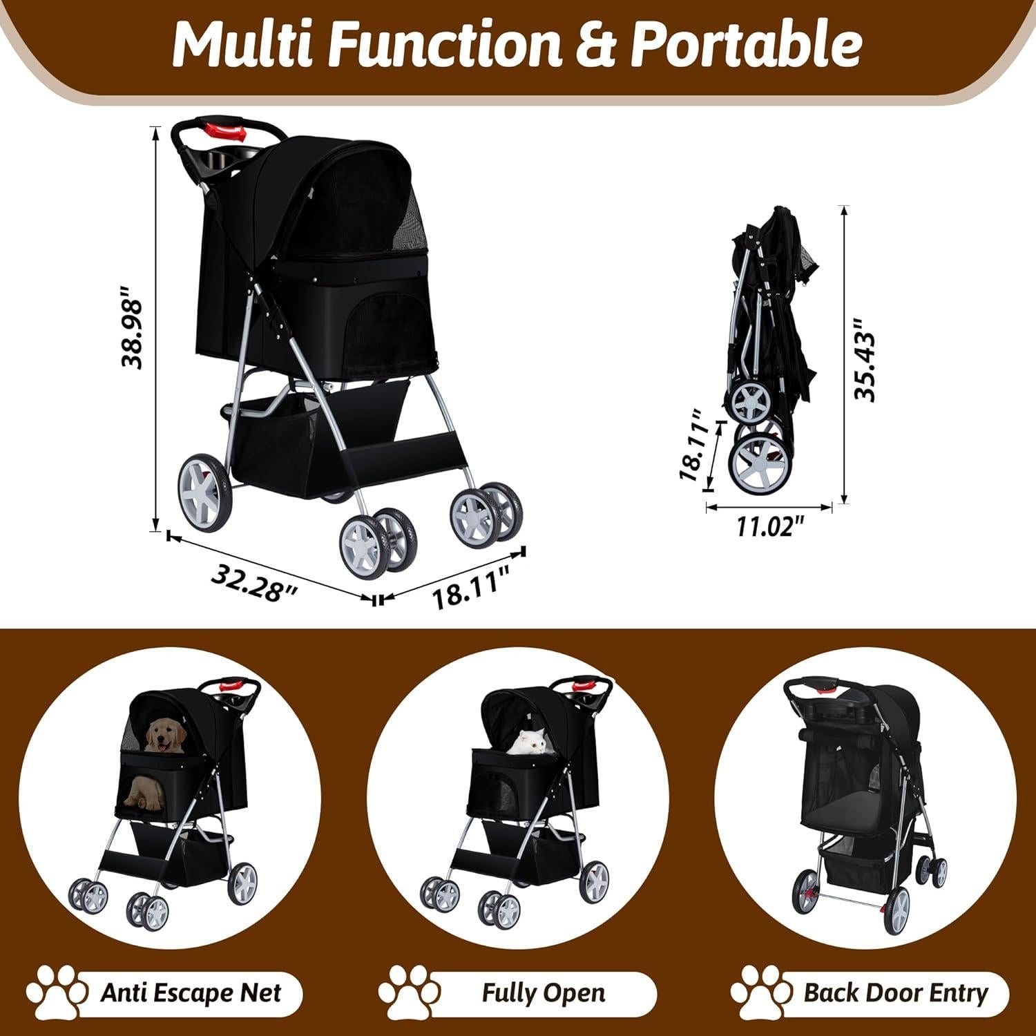 Carrito para Mascotas Azaeahom Plegable Negro 5.18 kg
