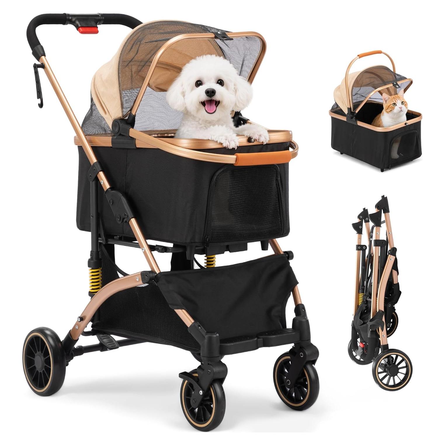 Carrito Plegable para Mascotas COZIWOW 3 en 1 Negro/Dorado