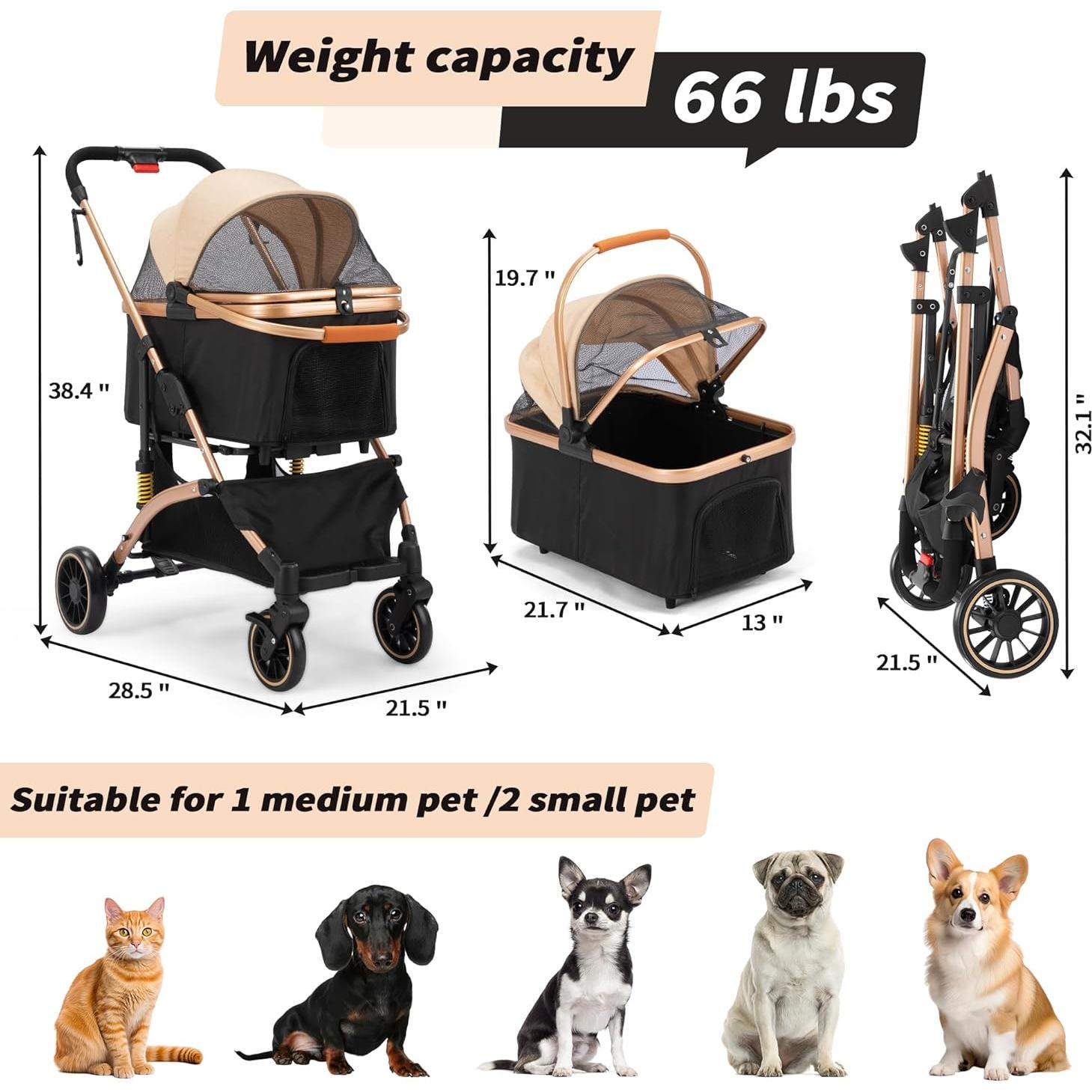 Carrito Plegable para Mascotas COZIWOW 3 en 1 Negro/Dorado