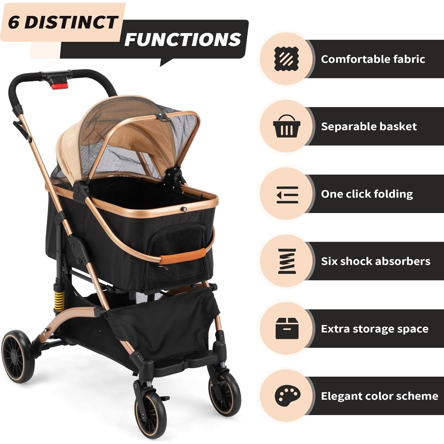 Carrito Plegable para Mascotas COZIWOW 3 en 1 Negro/Dorado
