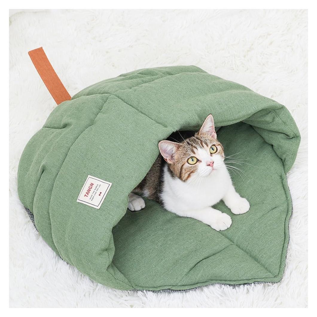 Saco de dormir para gatos TANGN verde, cueva suave y lavable