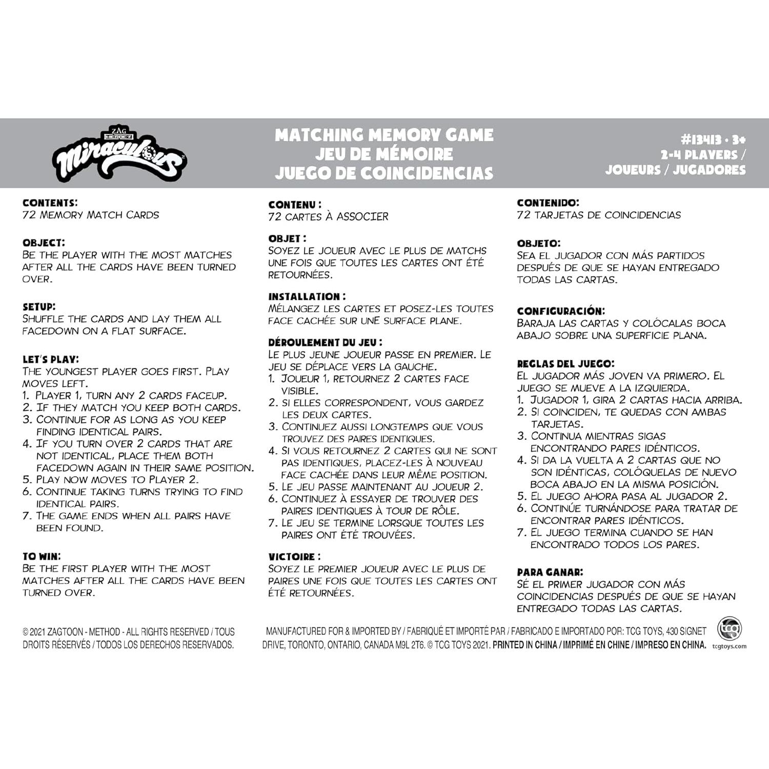 Juego de Cartas de Memoria TCG Toys Ladybug - 72 Piezas